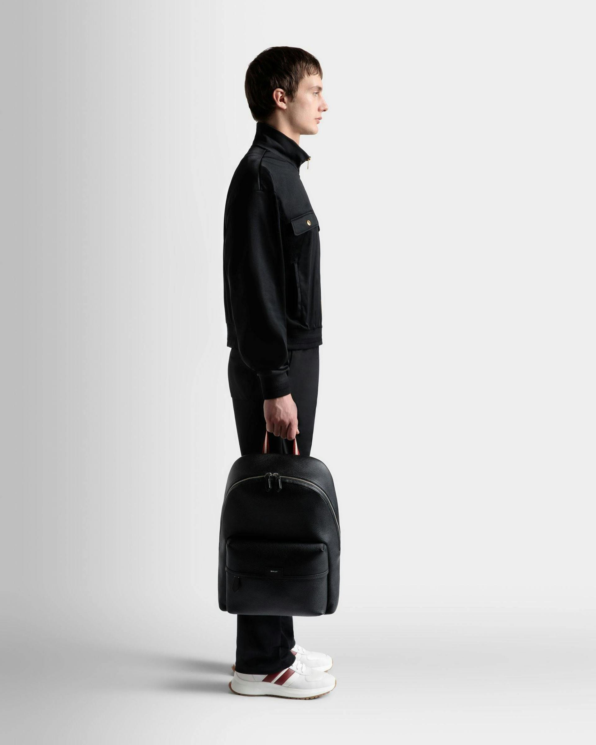 Men's Code Backpack in Black Grained Leather | Bally | On Model Front