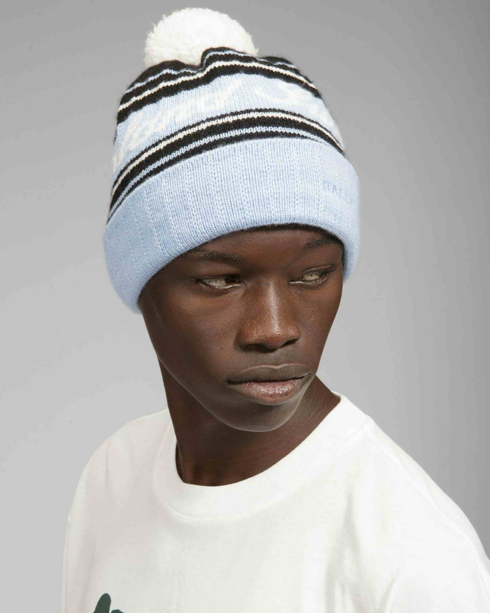Wool Jacquard Hat In Light Blue & Black - Men's - Bally