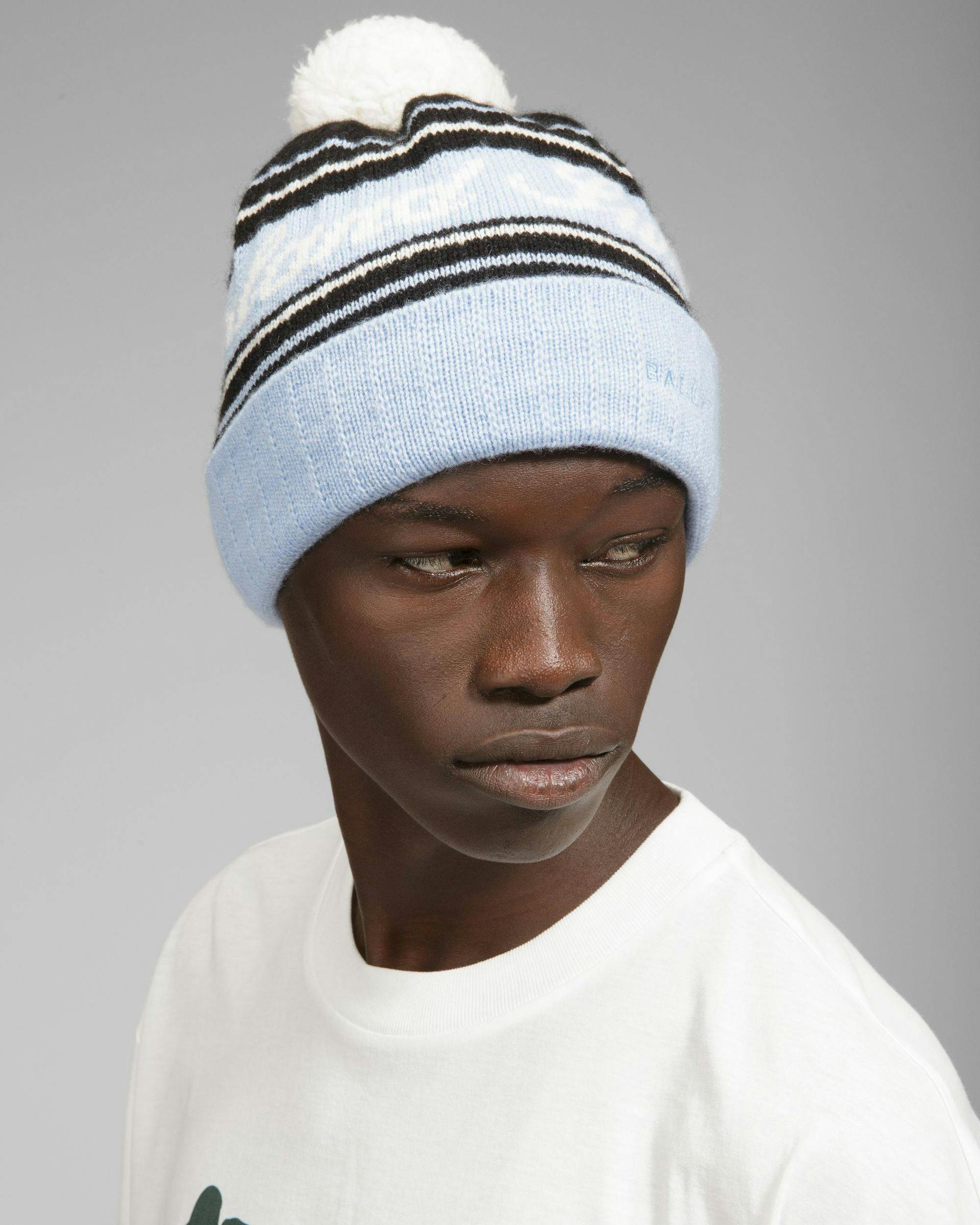 Wool Jacquard Hat In Light Blue & Black - Men's - Bally - 03