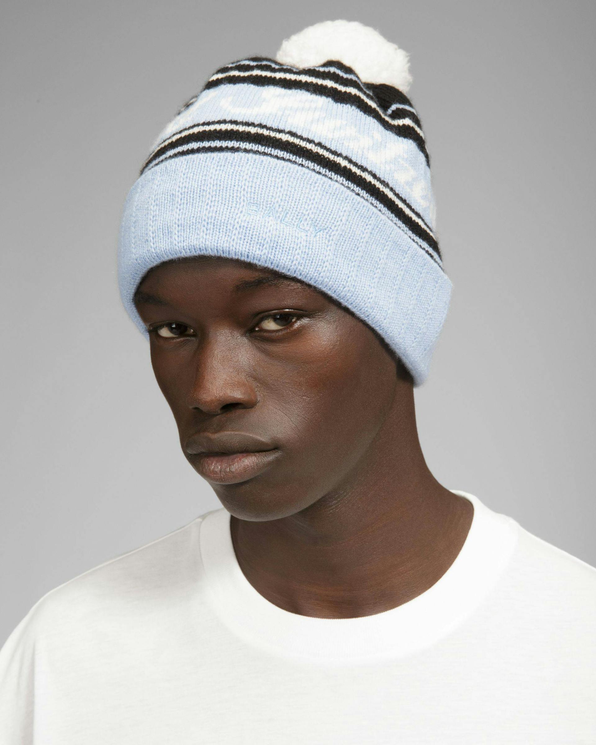 Wool Jacquard Hat In Light Blue & Black - Men's - Bally - 04