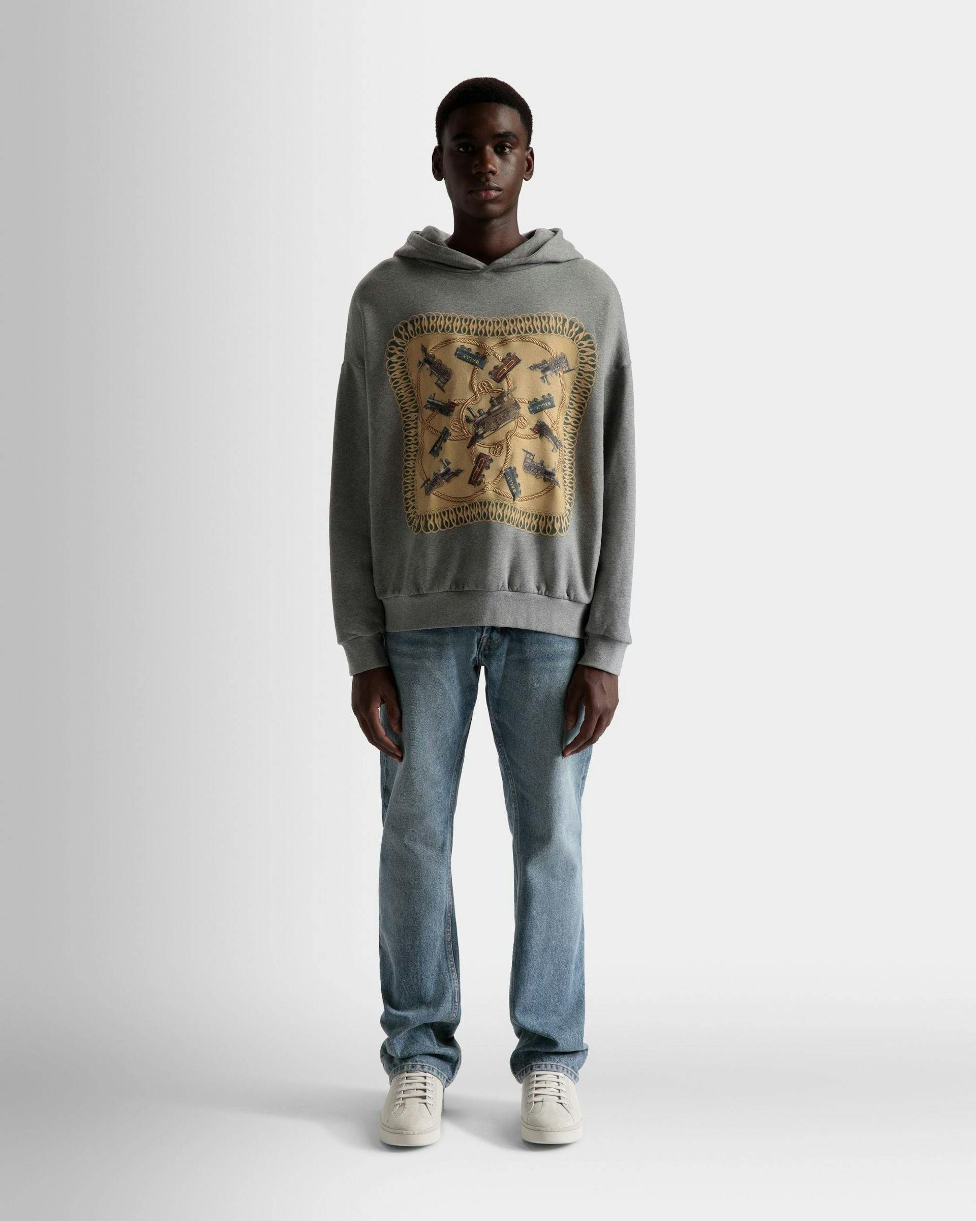 Train Print Hooded Sweatshirt In Gray Melange Cotton - Men's - Bally - 02