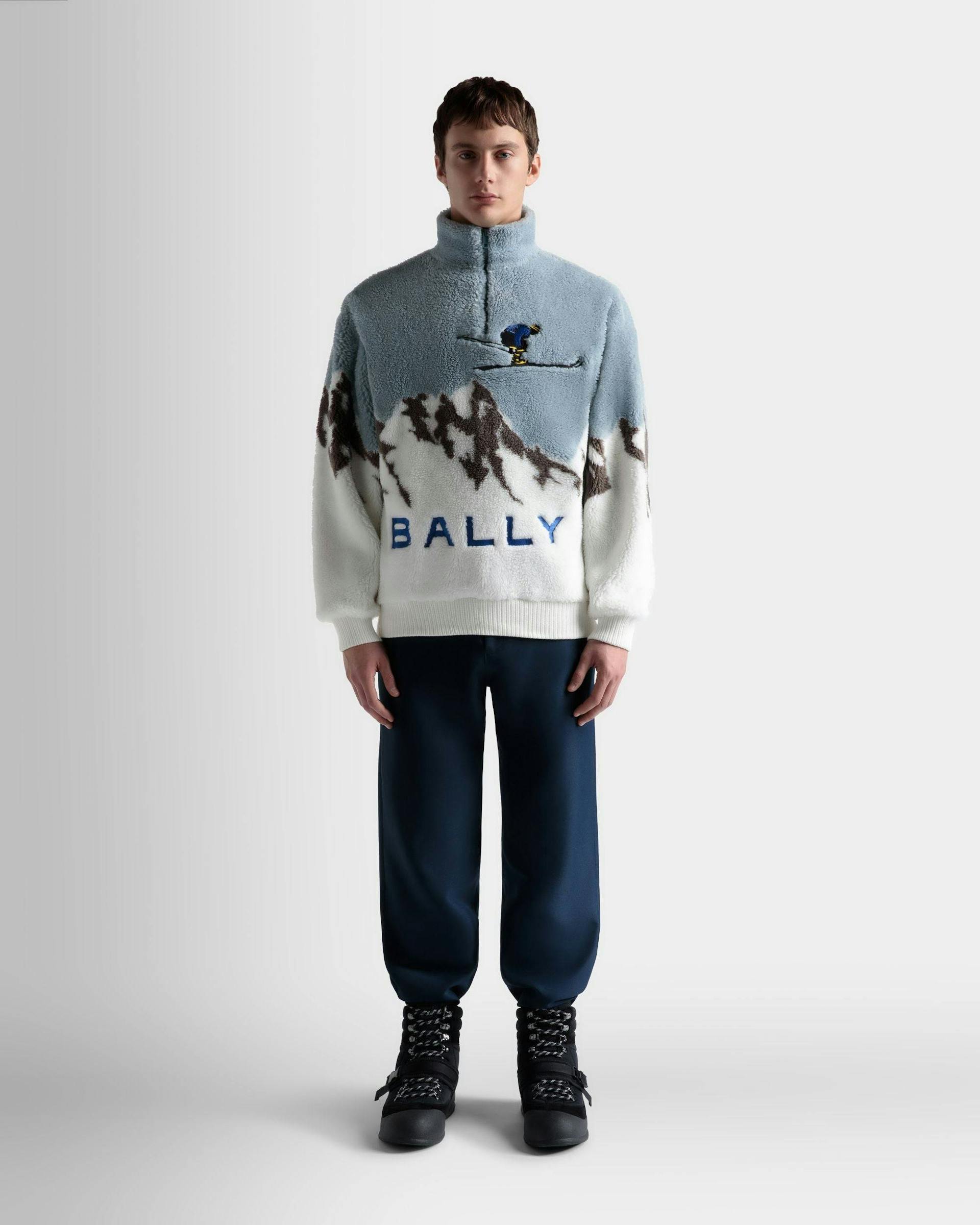Men's Sweatshirt In Light Blue And White Sherpa Fleece | Bally | On Model Front