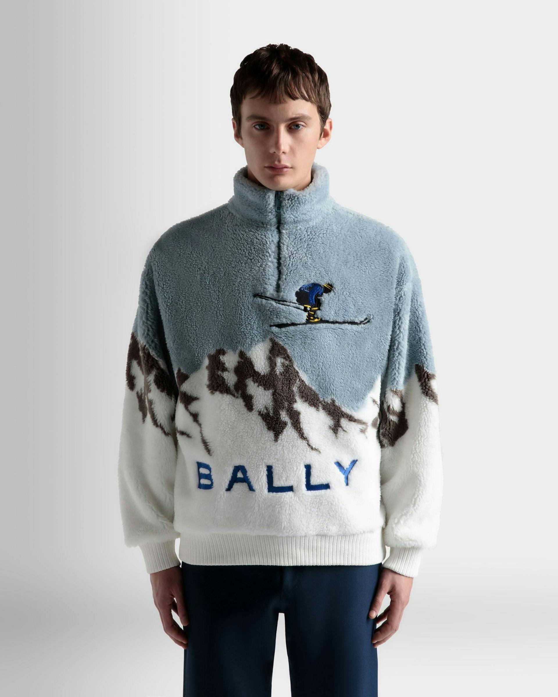 Men's Sweatshirt In Light Blue And White Sherpa Fleece | Bally | On Model Close Up
