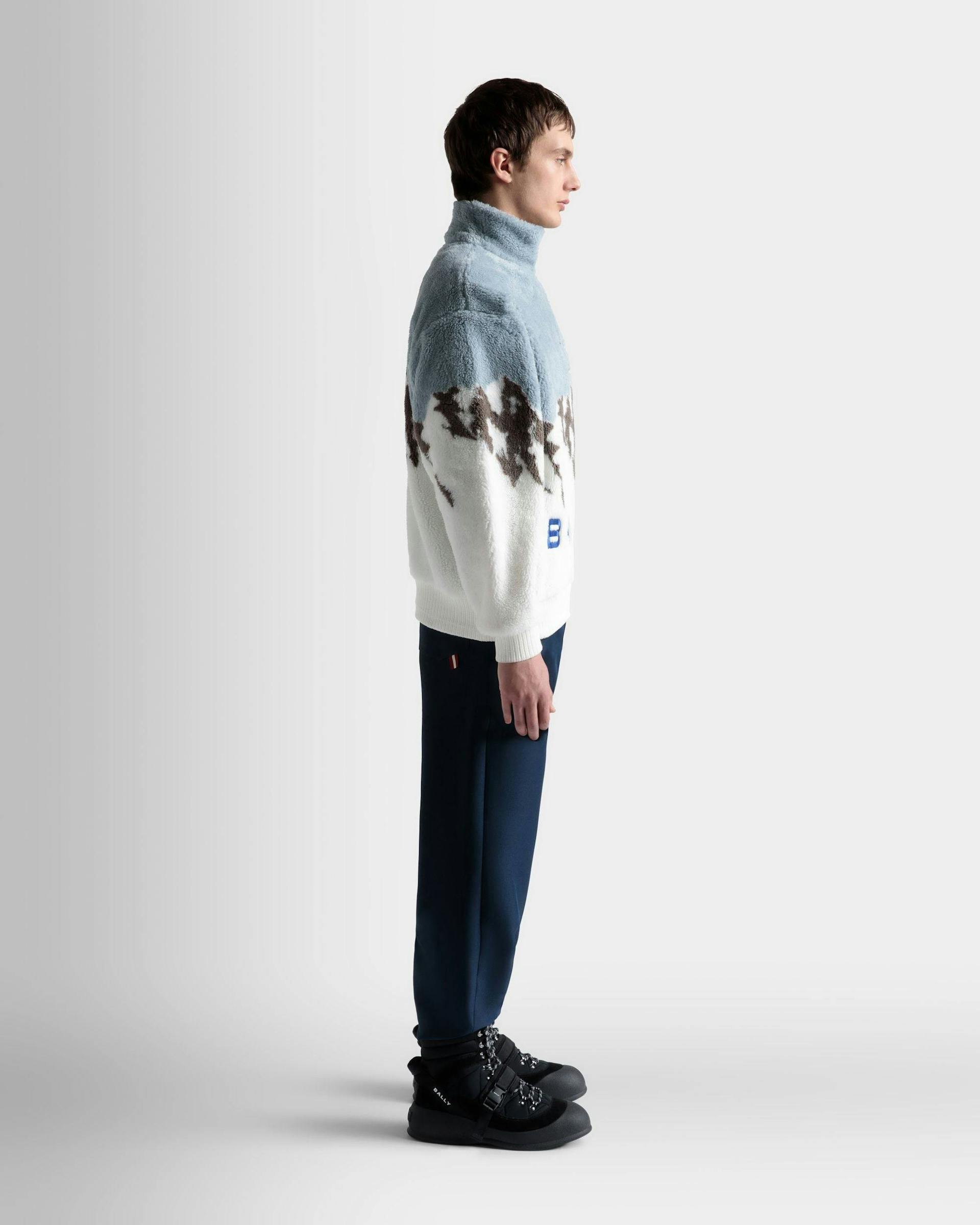Men's Sweatshirt In Light Blue And White Sherpa Fleece | Bally | On Model 3/4 Front