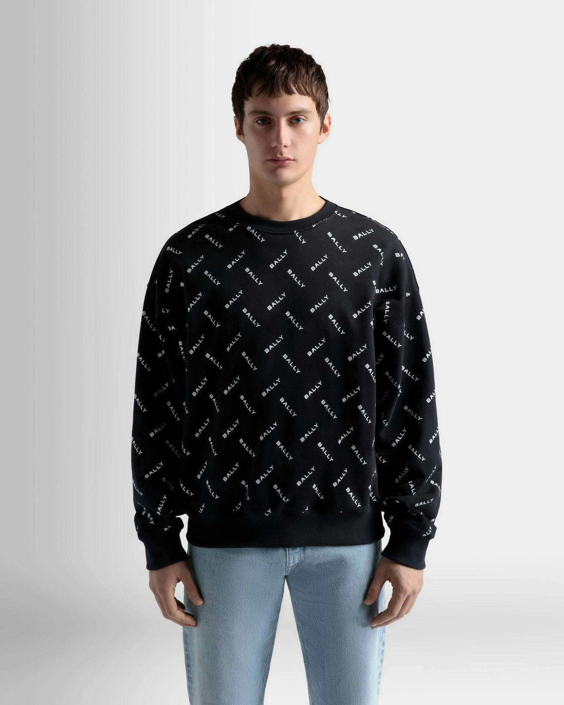 Men's Sweatshirt In Dark Blue Cotton | Bally | On Model Close Up