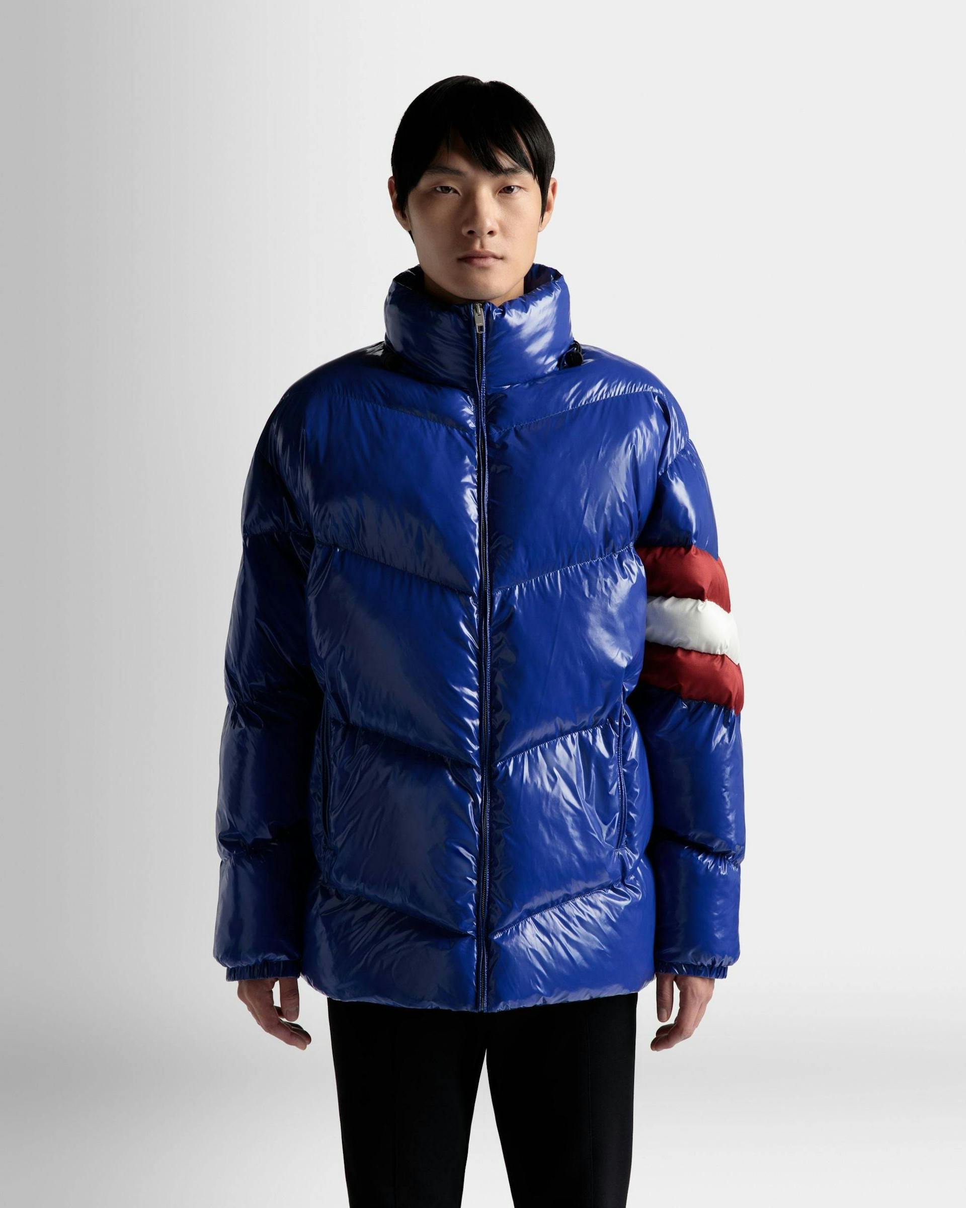 Men's Puffer Jacket In Blue | Bally | On Model Close Up