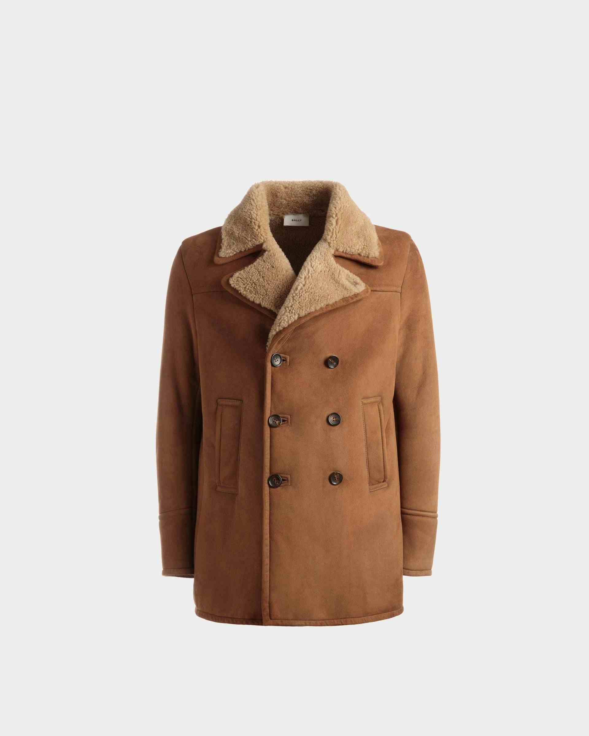 Double Breasted Shearling Coat In Brown Suede - Men's - Bally