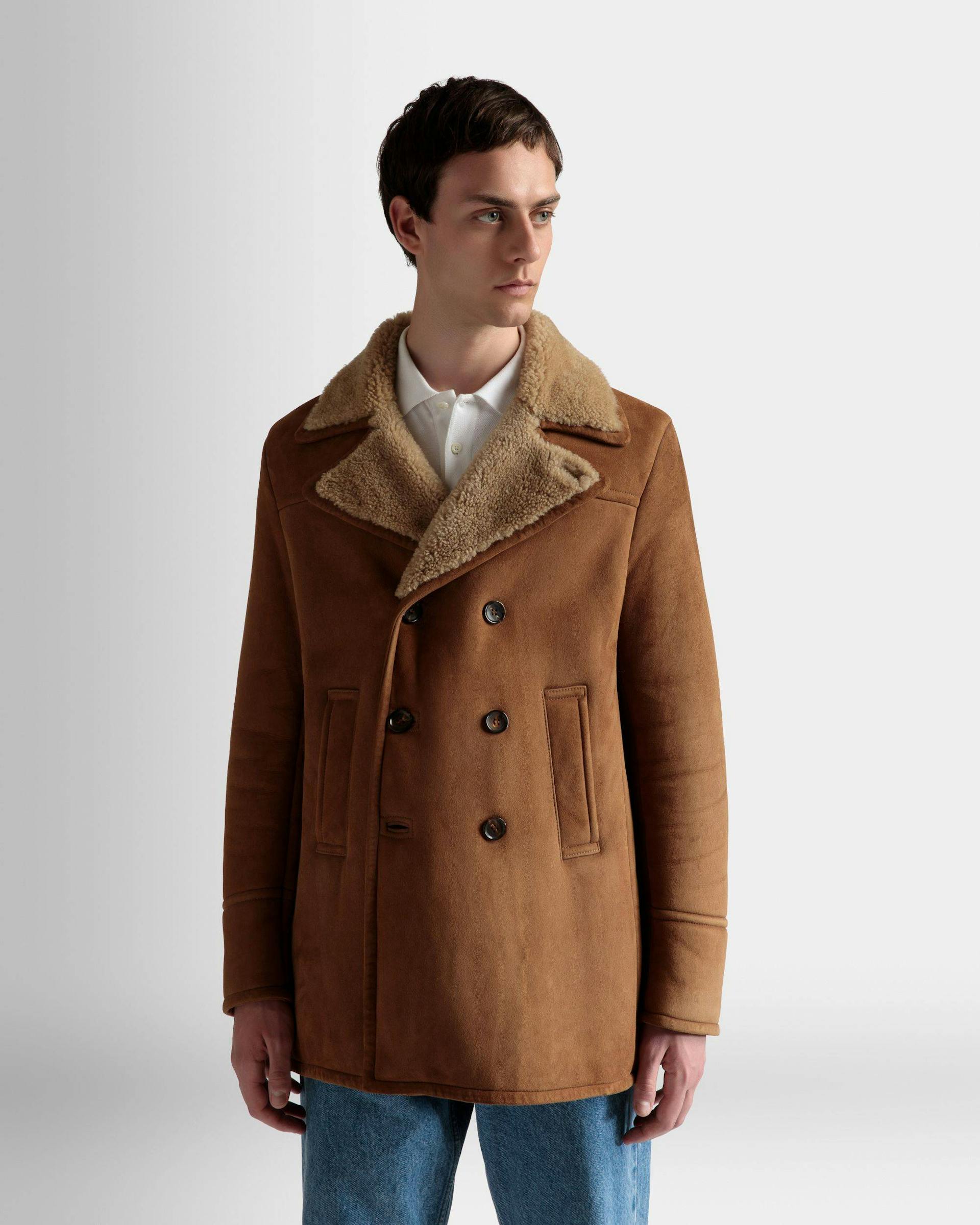 Double Breasted Shearling Coat In Brown Suede - Men's - Bally - 03