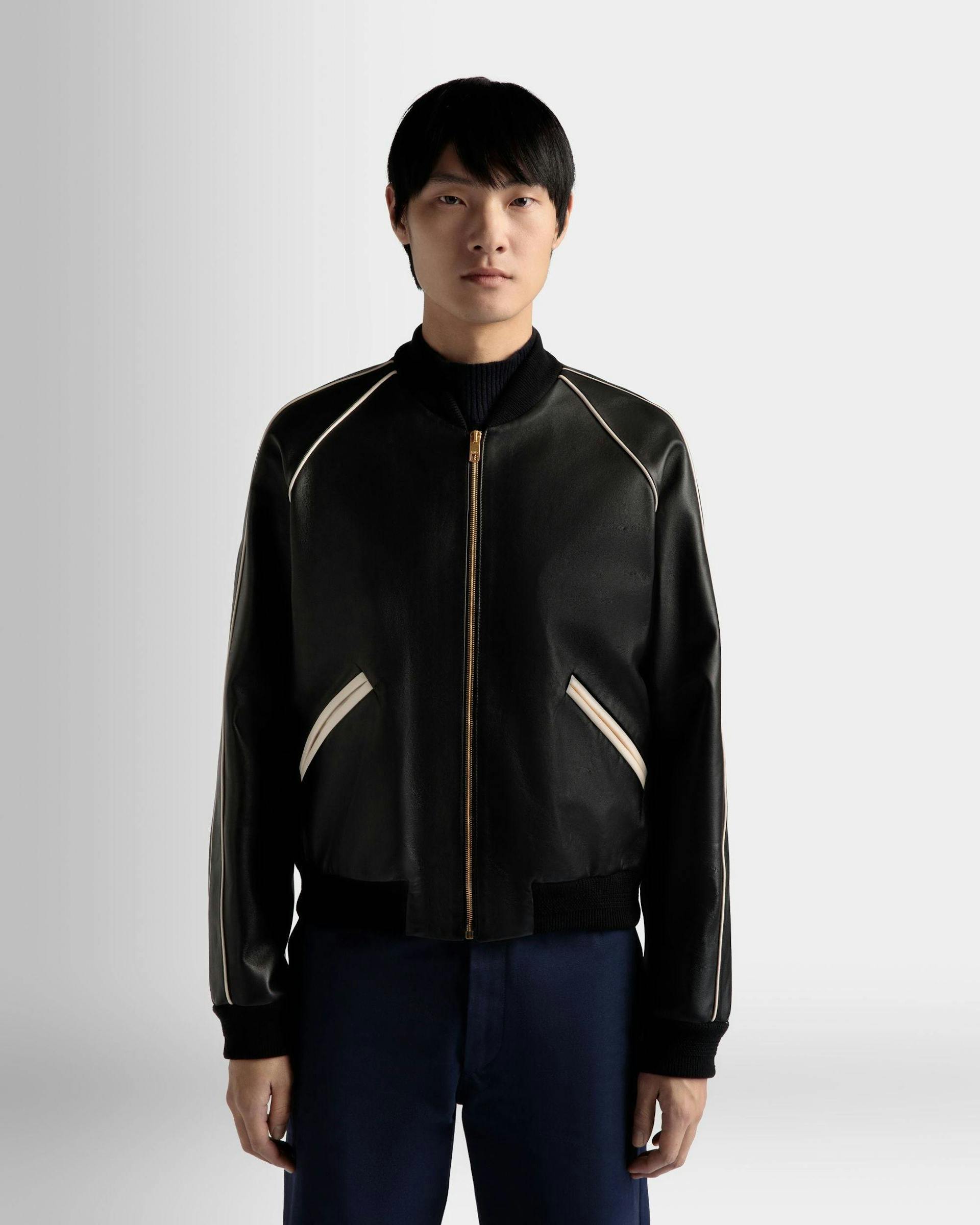 Men's Bomber In Black Leather | Bally | On Model Close Up