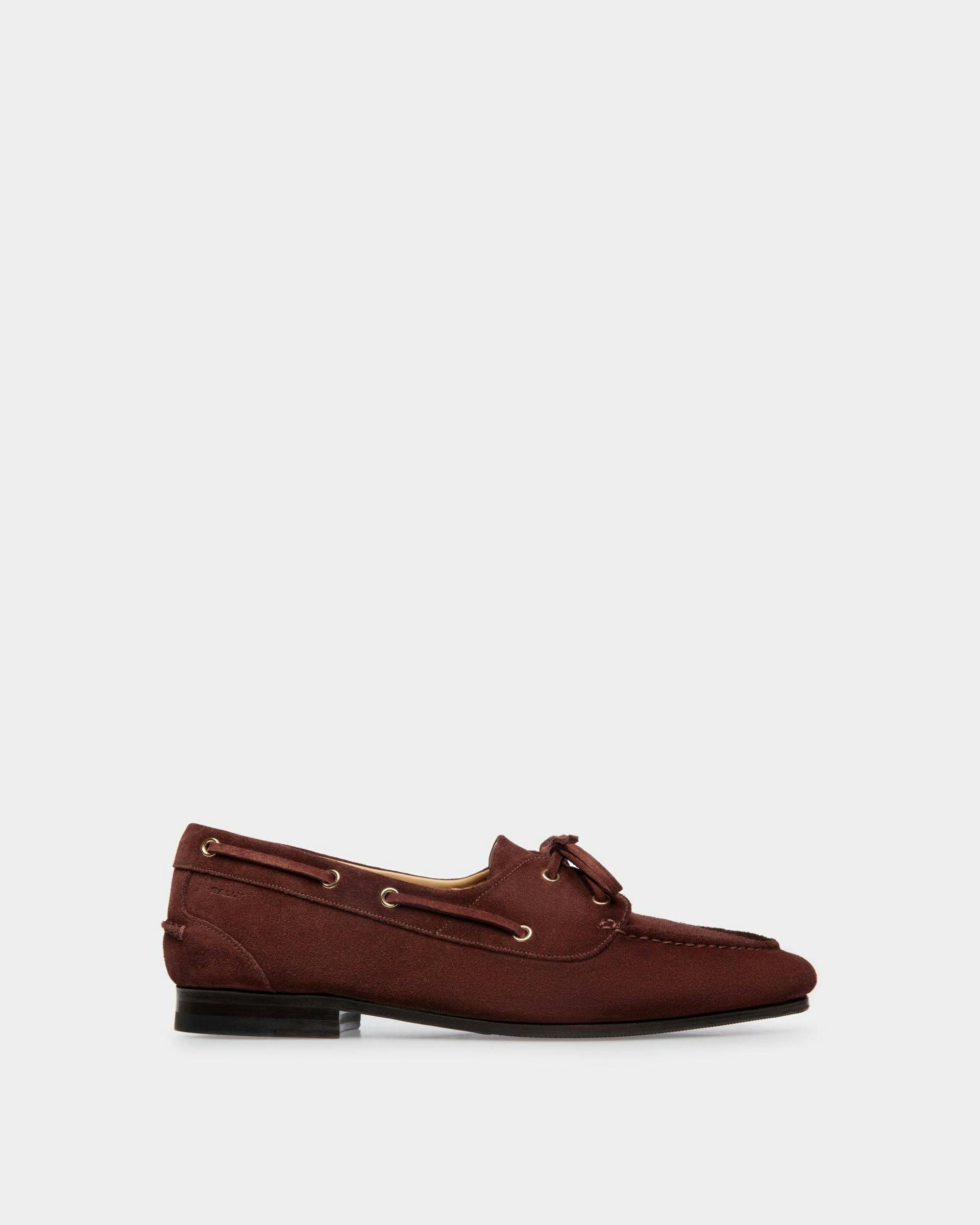 Men's Plume Moccasin in Chestnut Brown Suede | Bally | Still Life Side