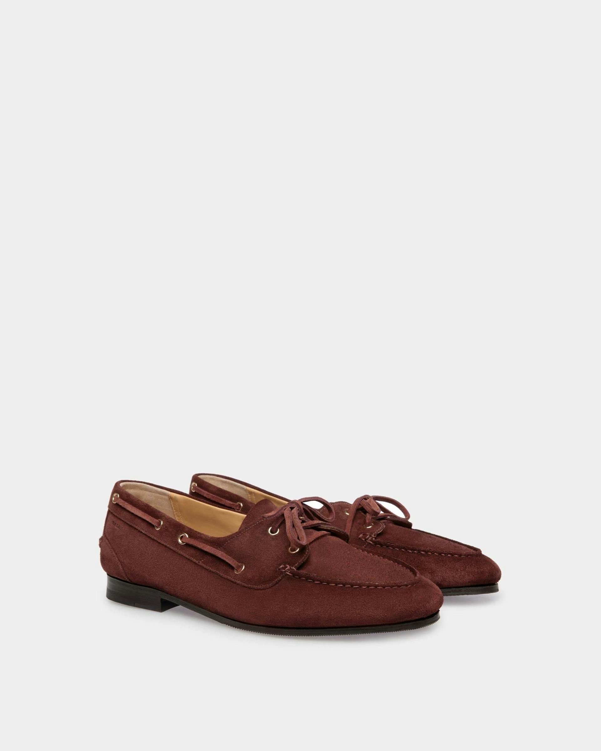 Men's Plume Moccasin in Chestnut Brown Suede | Bally | Still Life 3/4 Front
