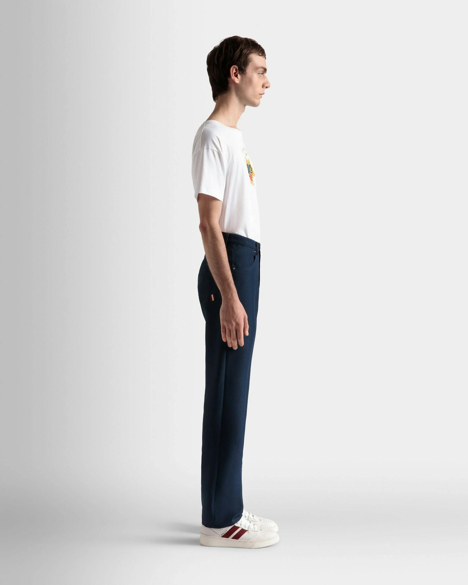 Men's Pants In Dark Blue Synthetic Fabric | Bally | On Model 3/4 Front