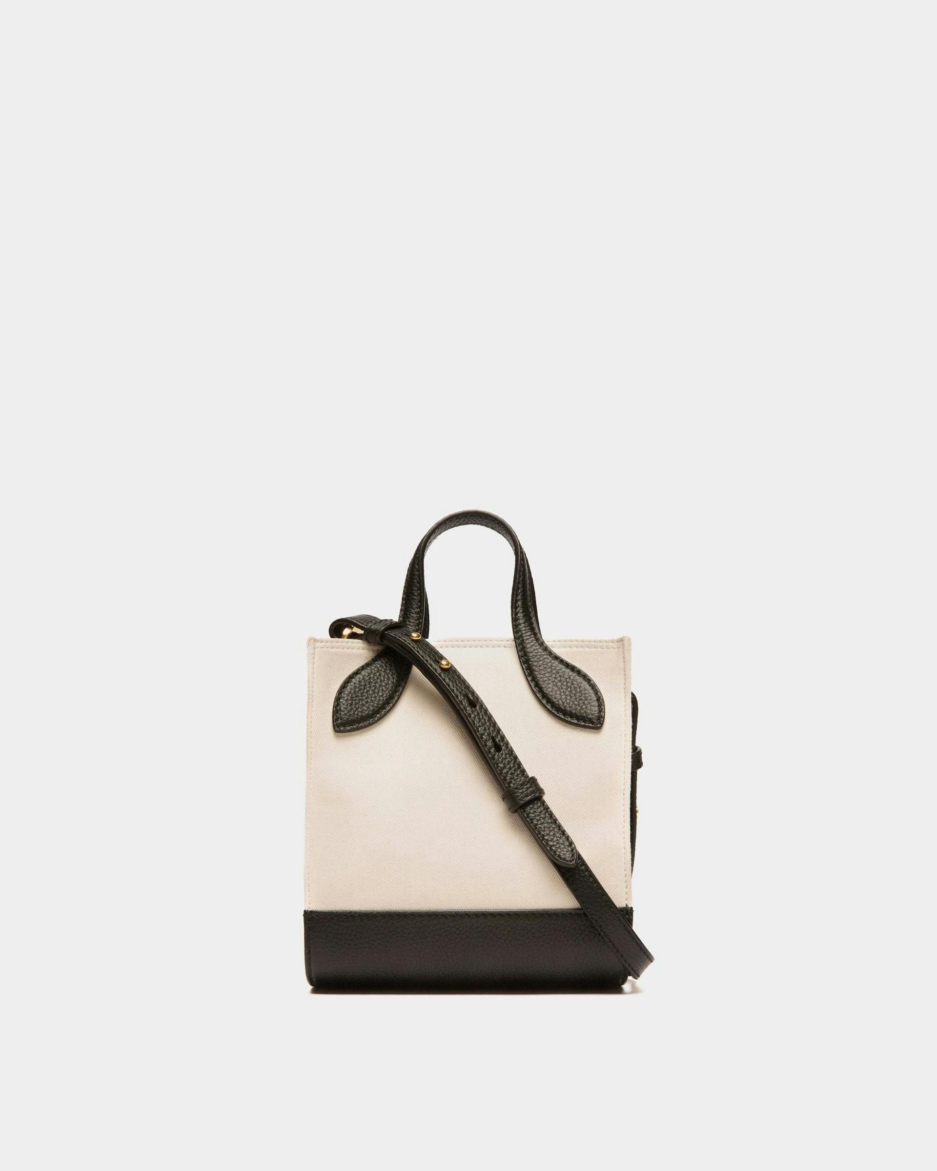 Women's Bar Mini Tote Bag in Neutral And Black Canvas And Leather | Bally | Still Life Back