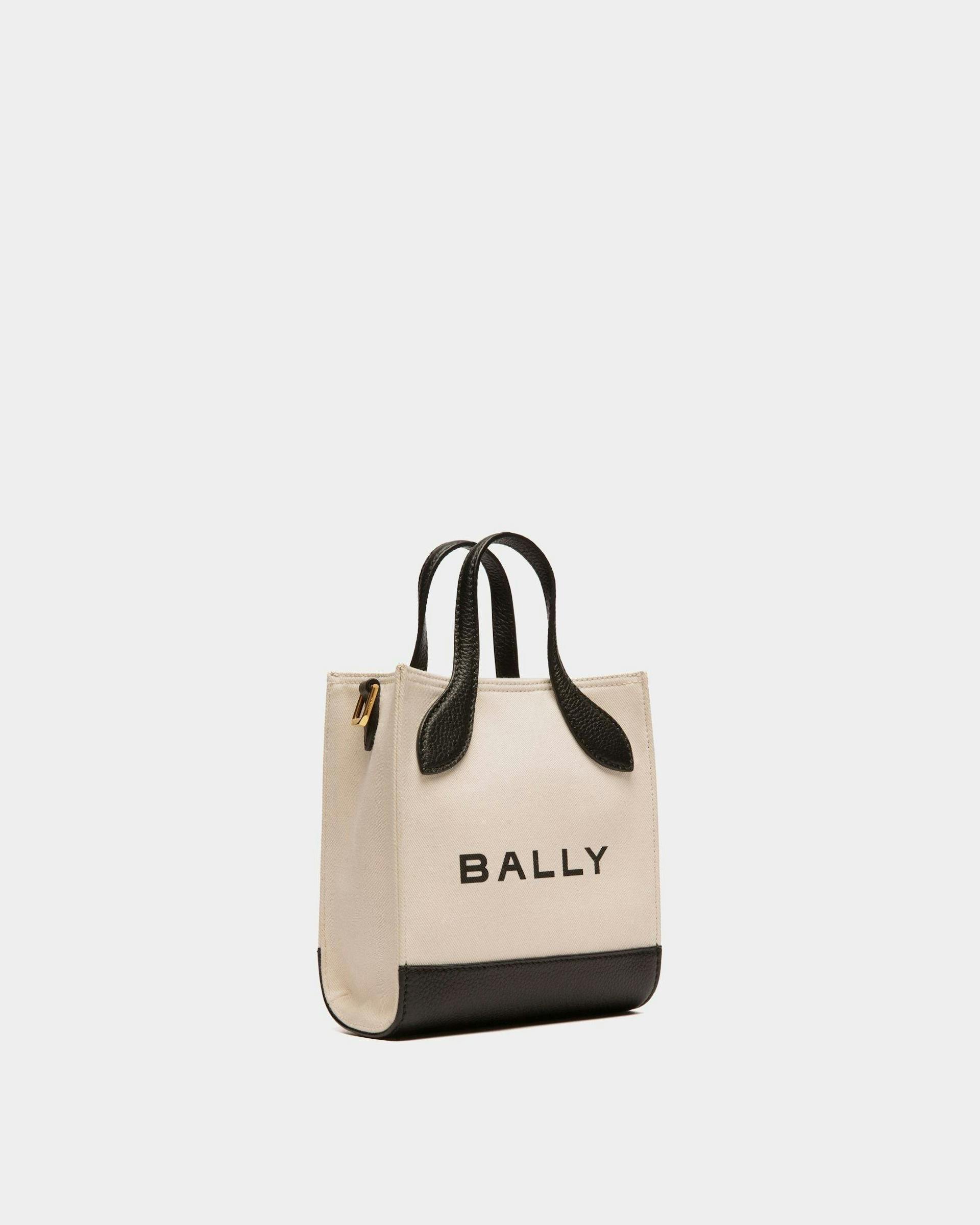 Women's Bar Mini Tote Bag in Neutral And Black Canvas And Leather | Bally | Still Life 3/4 Front