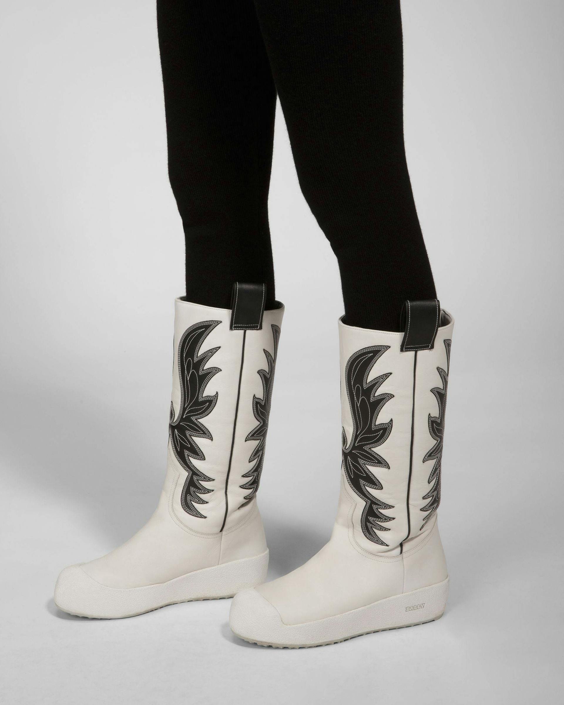 Chambery Leather Long Boots In White & Black - Women's - Bally - 03