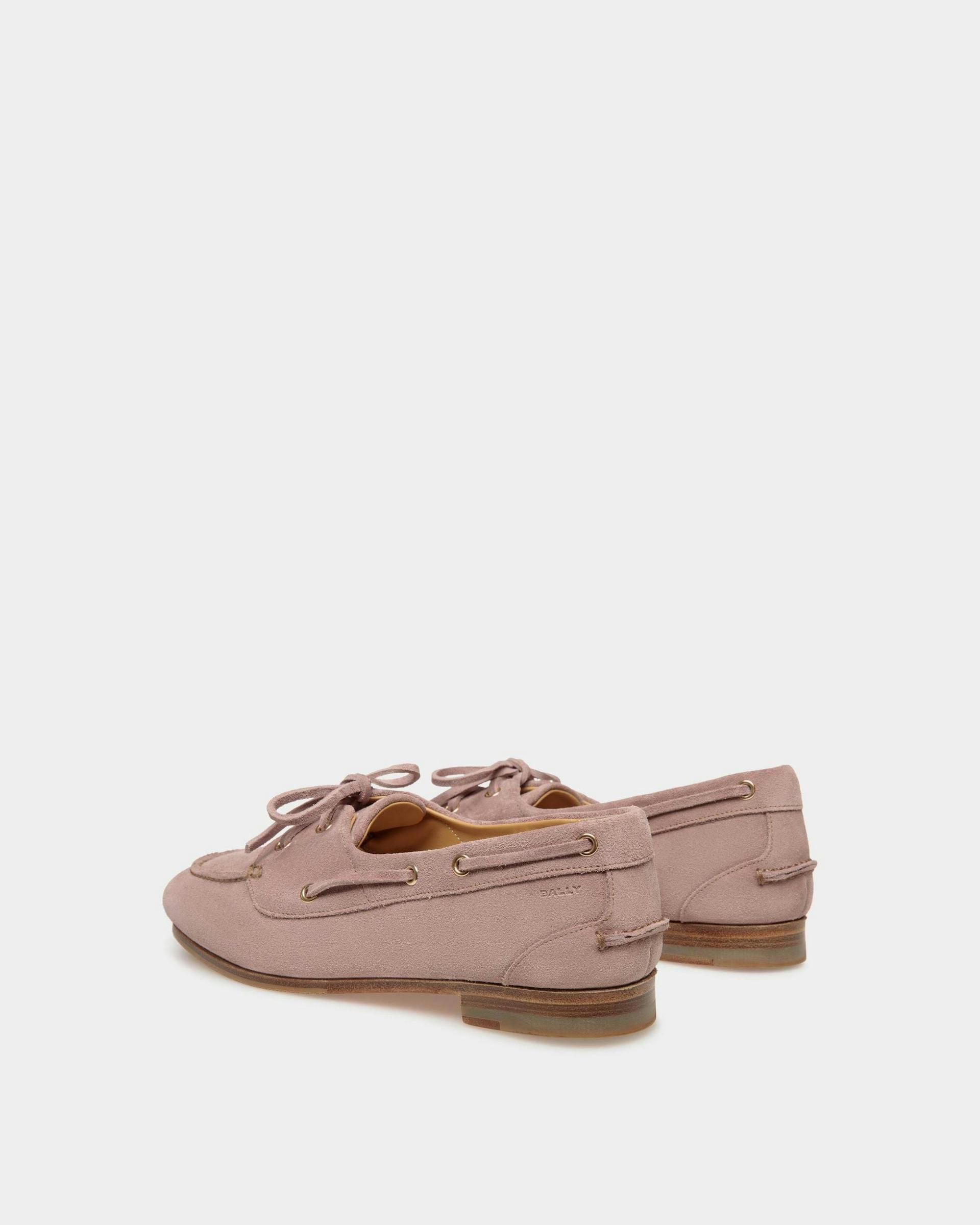 Women's Plume Moccasin in Light Mauve Suede | Bally | Still Life 3/4 Back