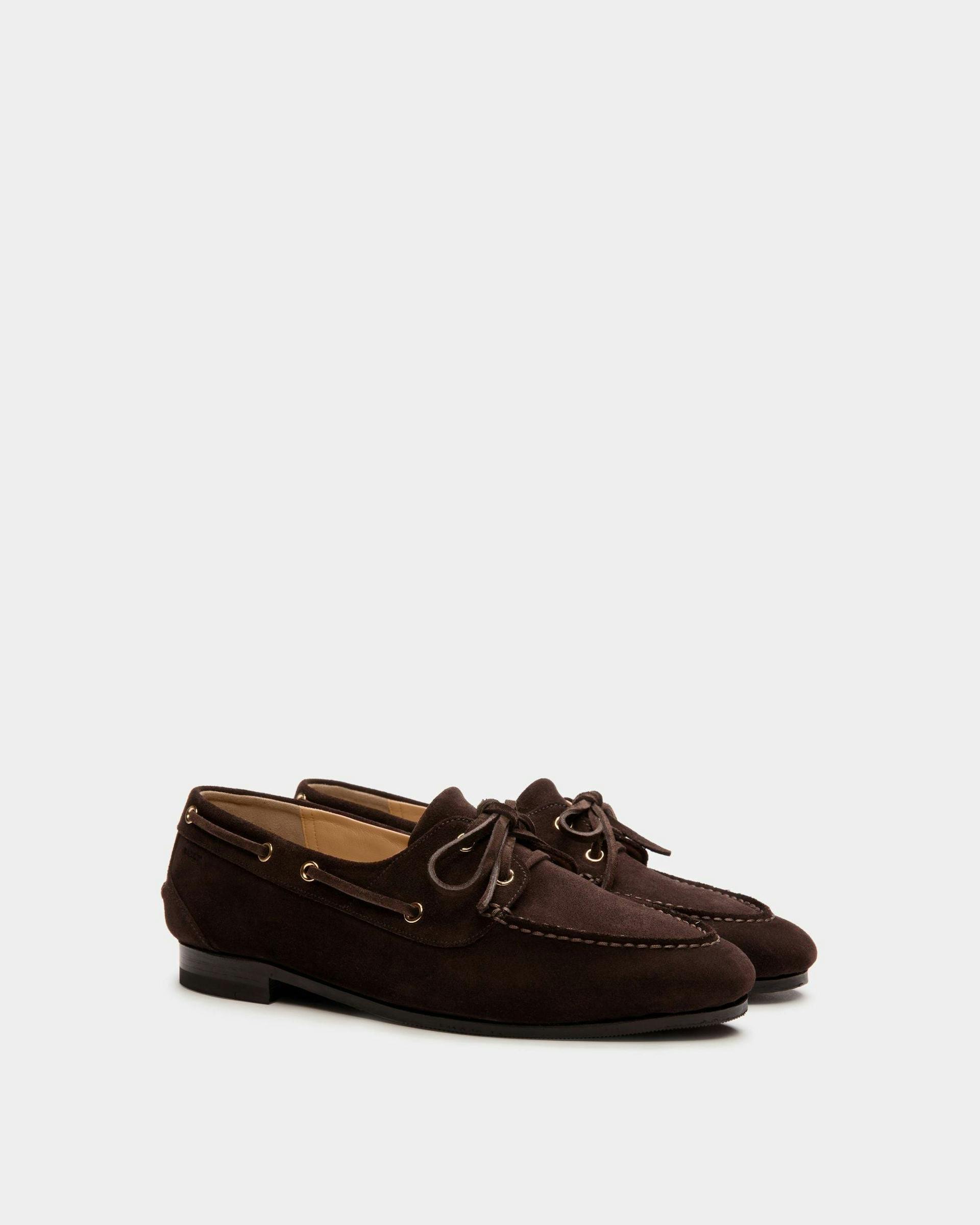 Women's Plume Moccasin in Dark Brown Suede | Bally | Still Life 3/4 Front