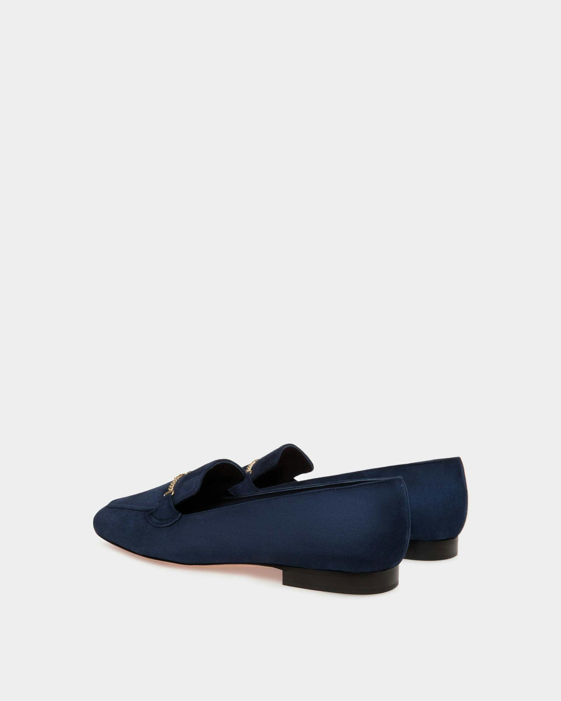 Women's Daily Emblem Loafer in Blue Suede | Bally | Still Life 3/4 Back