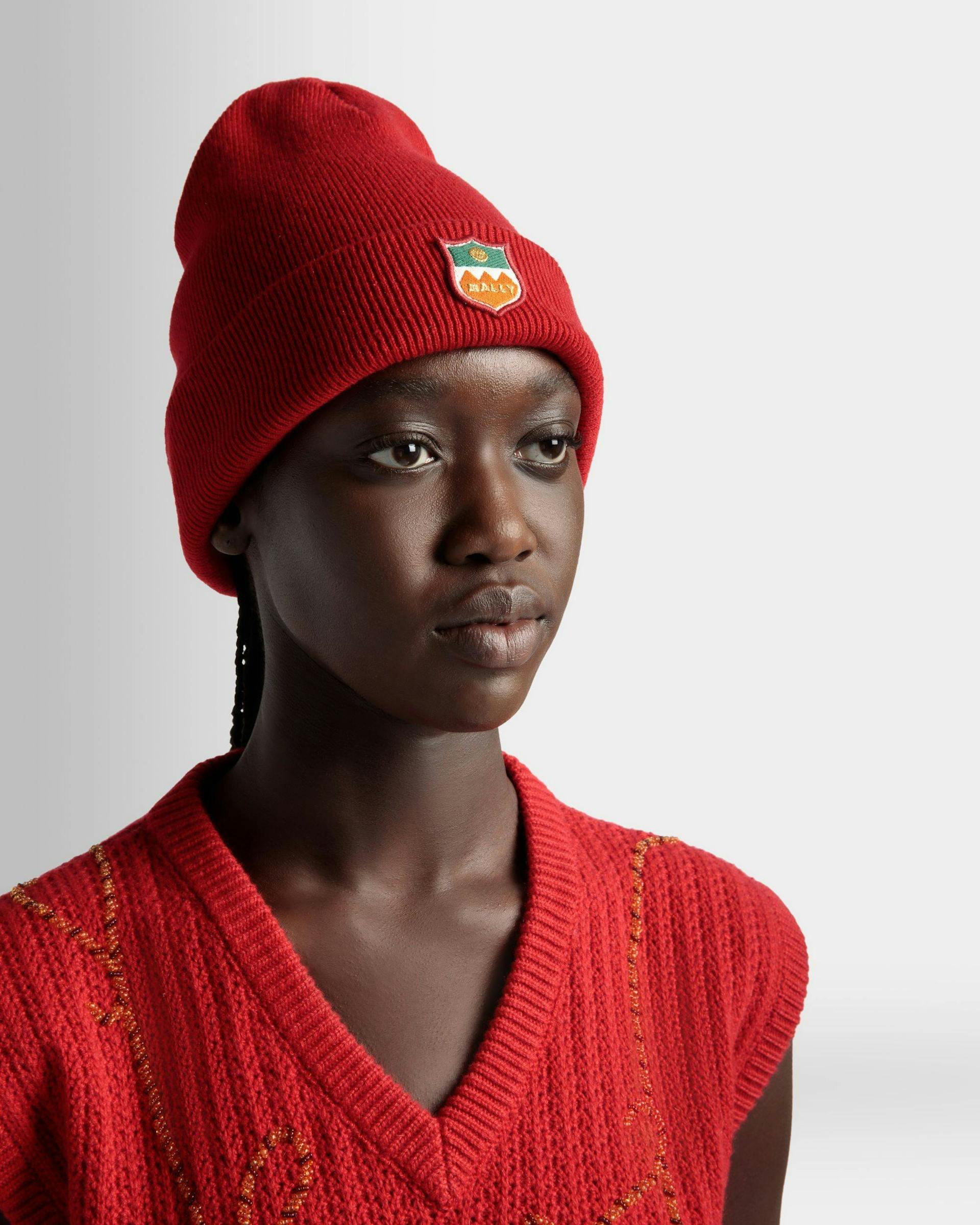 Women's Beanie In Red Cashmere | Bally | On Model Front