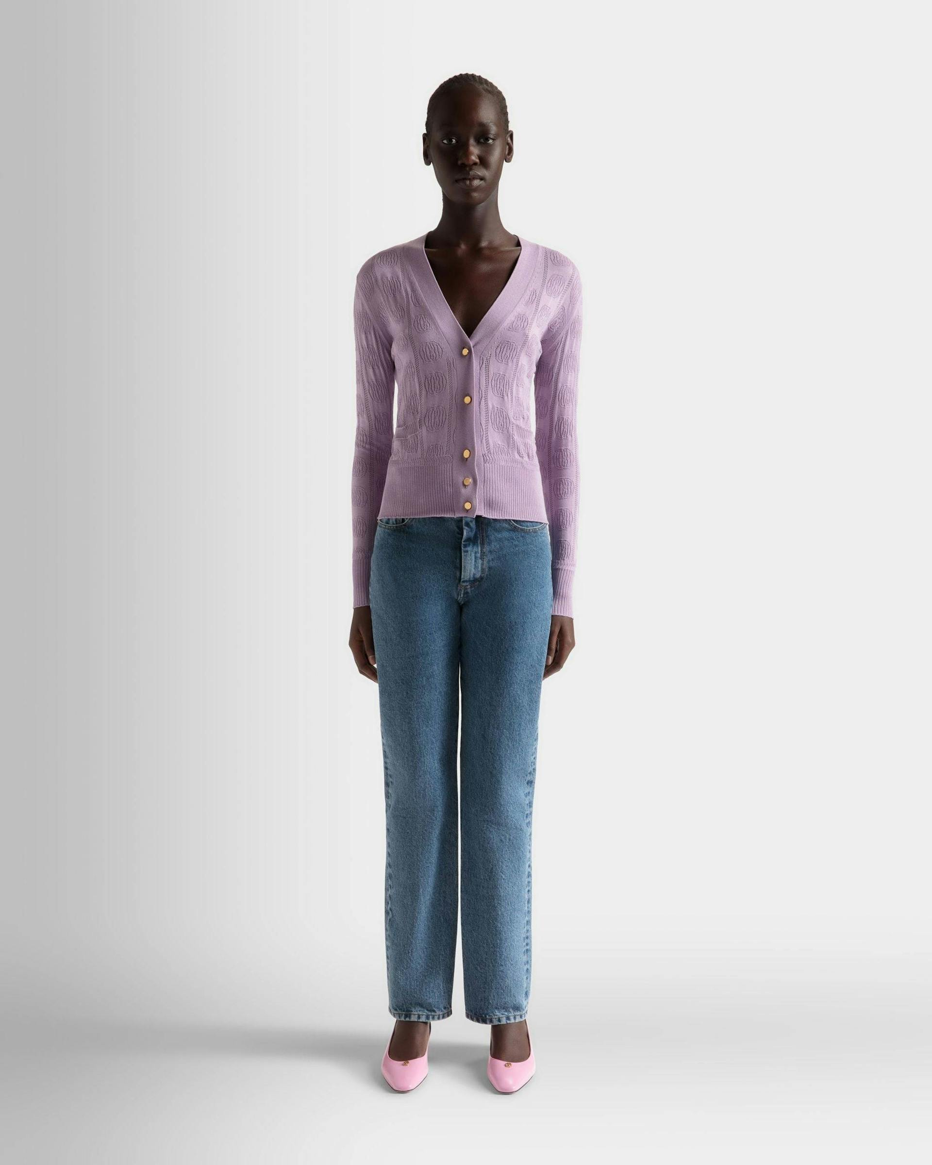 Women's Lilac Cardigan in a Silk Blend | Bally | On Model Front