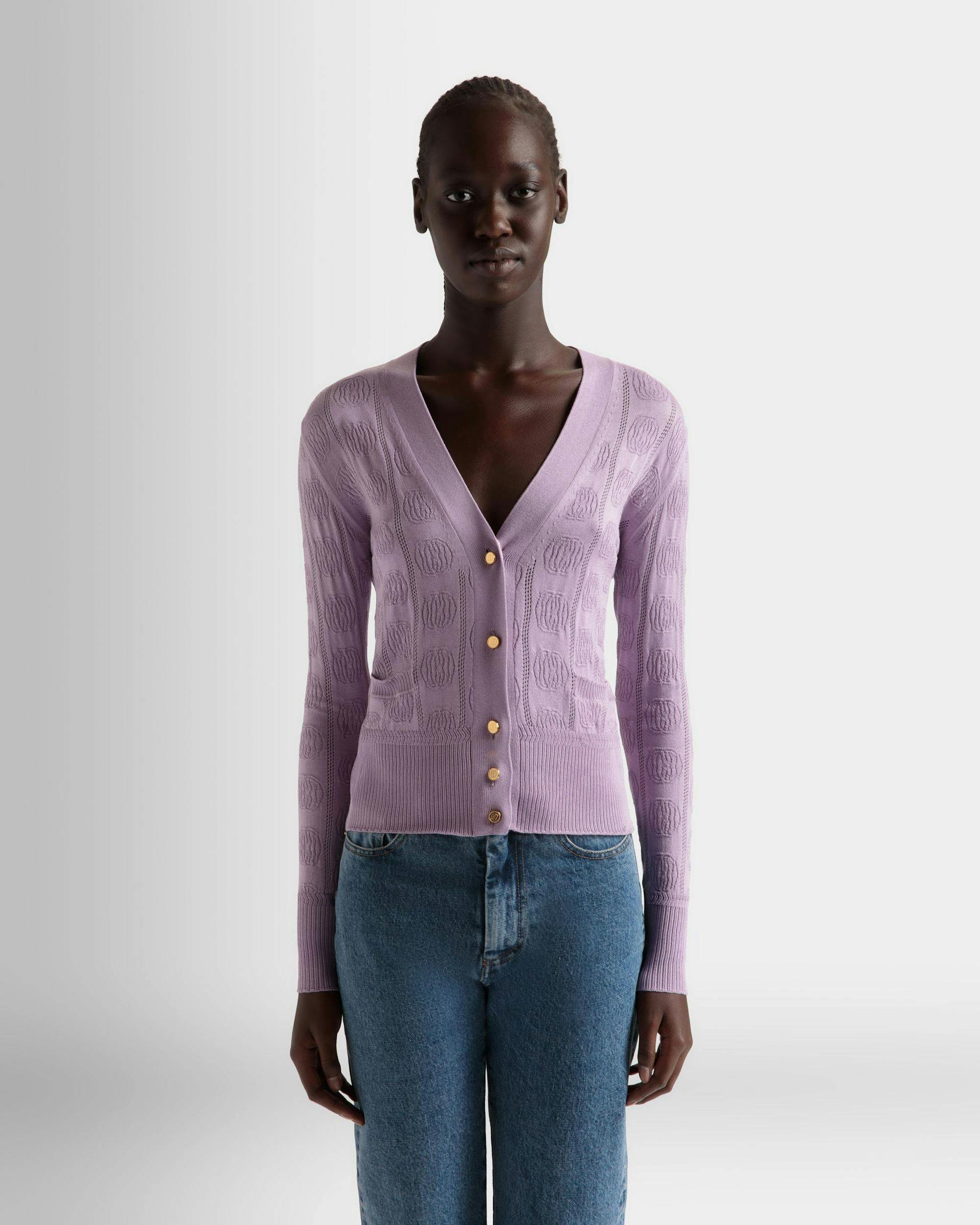 Women's Lilac Cardigan in a Silk Blend | Bally | On Model Close Up