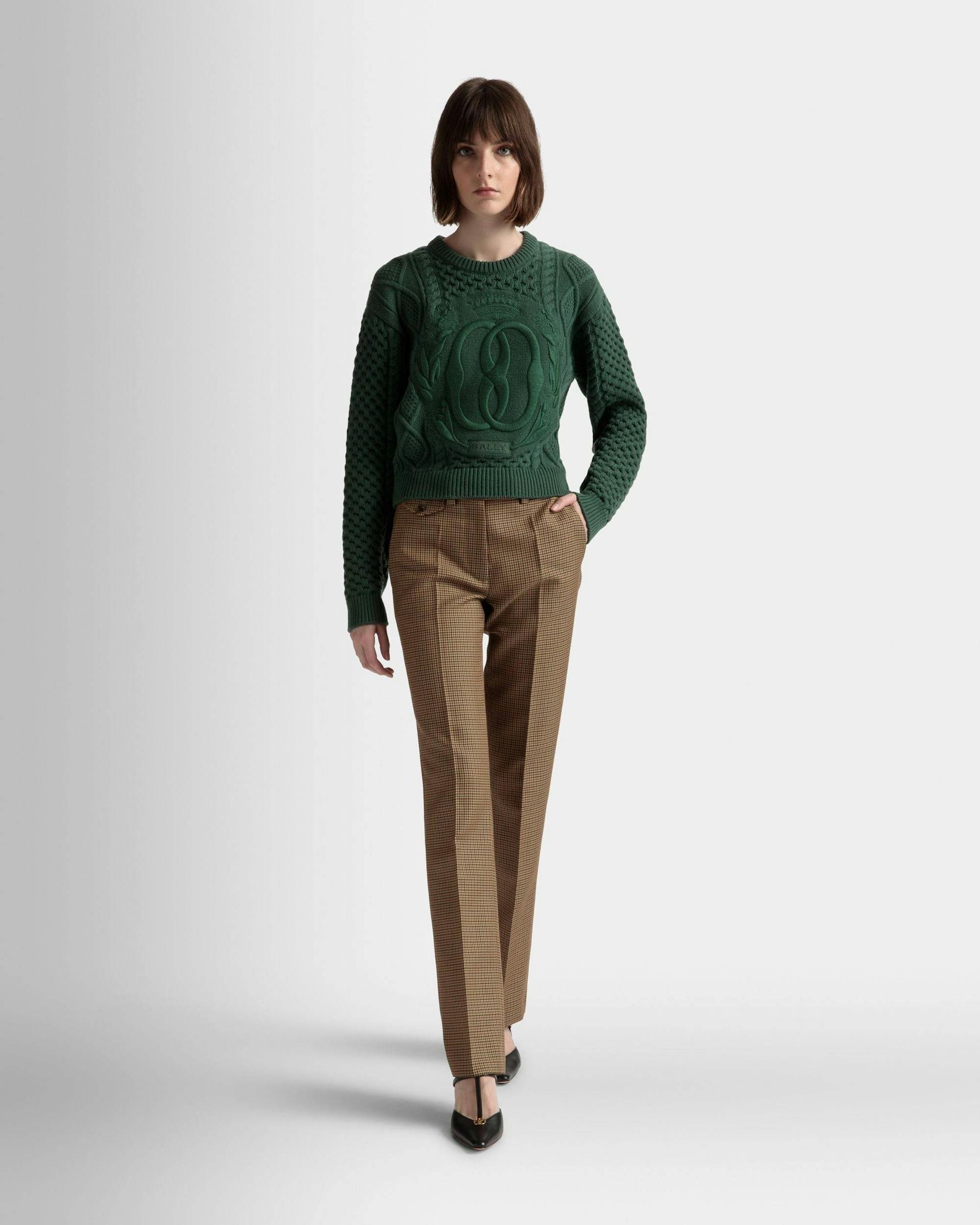 Cable Knit Crew Neck Sweater In Kelly Green Wool - Women's - Bally - 02