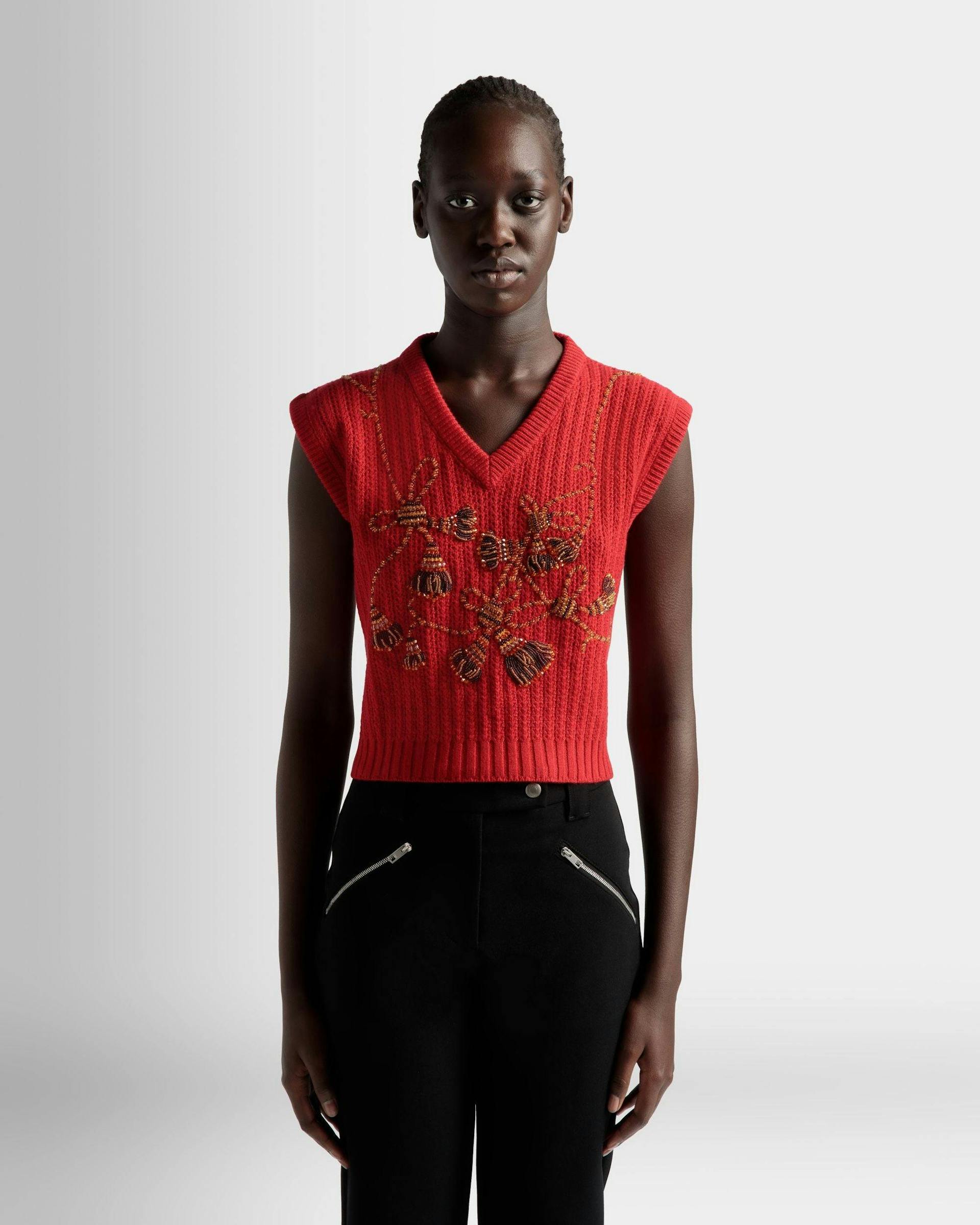 Women's Vest In Red Cashmere | Bally | On Model Close Up