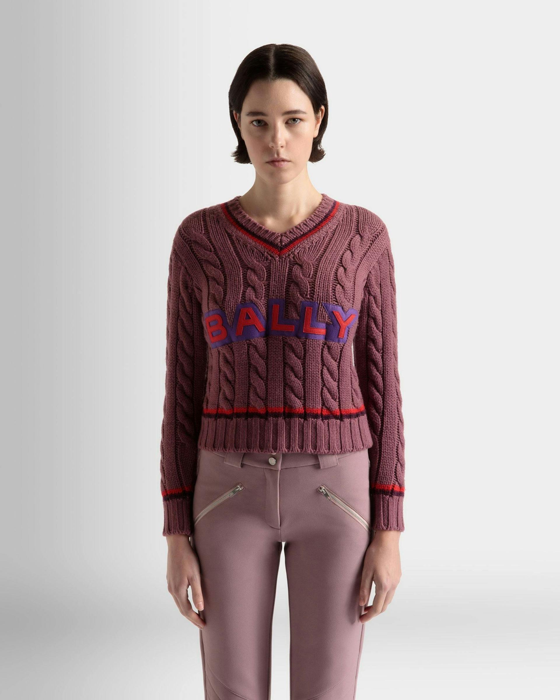 Women's V-Neck Sweater In Light Pink Wool | Bally | On Model Close Up