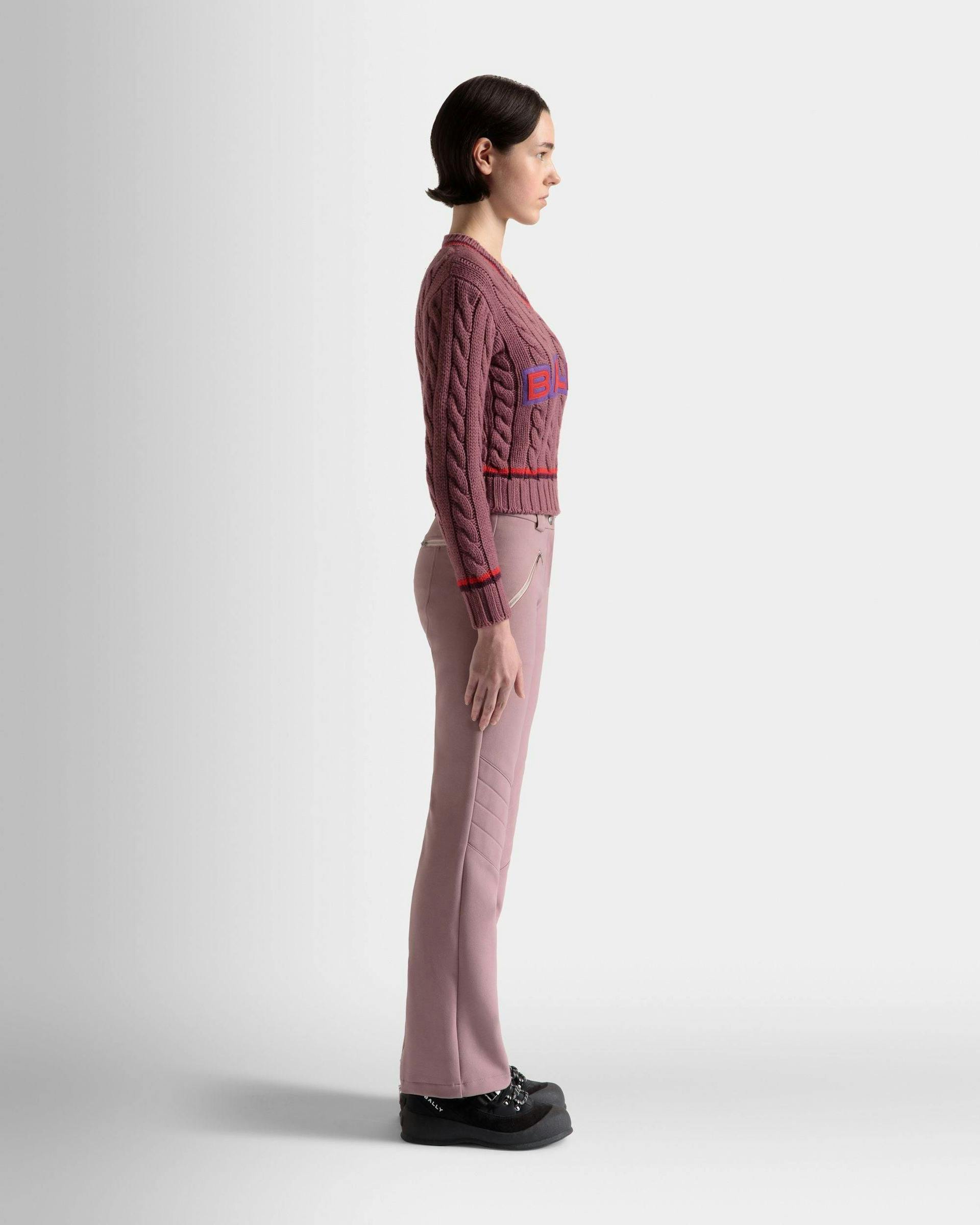 Women's V-Neck Sweater In Light Pink Wool | Bally | On Model 3/4 Front