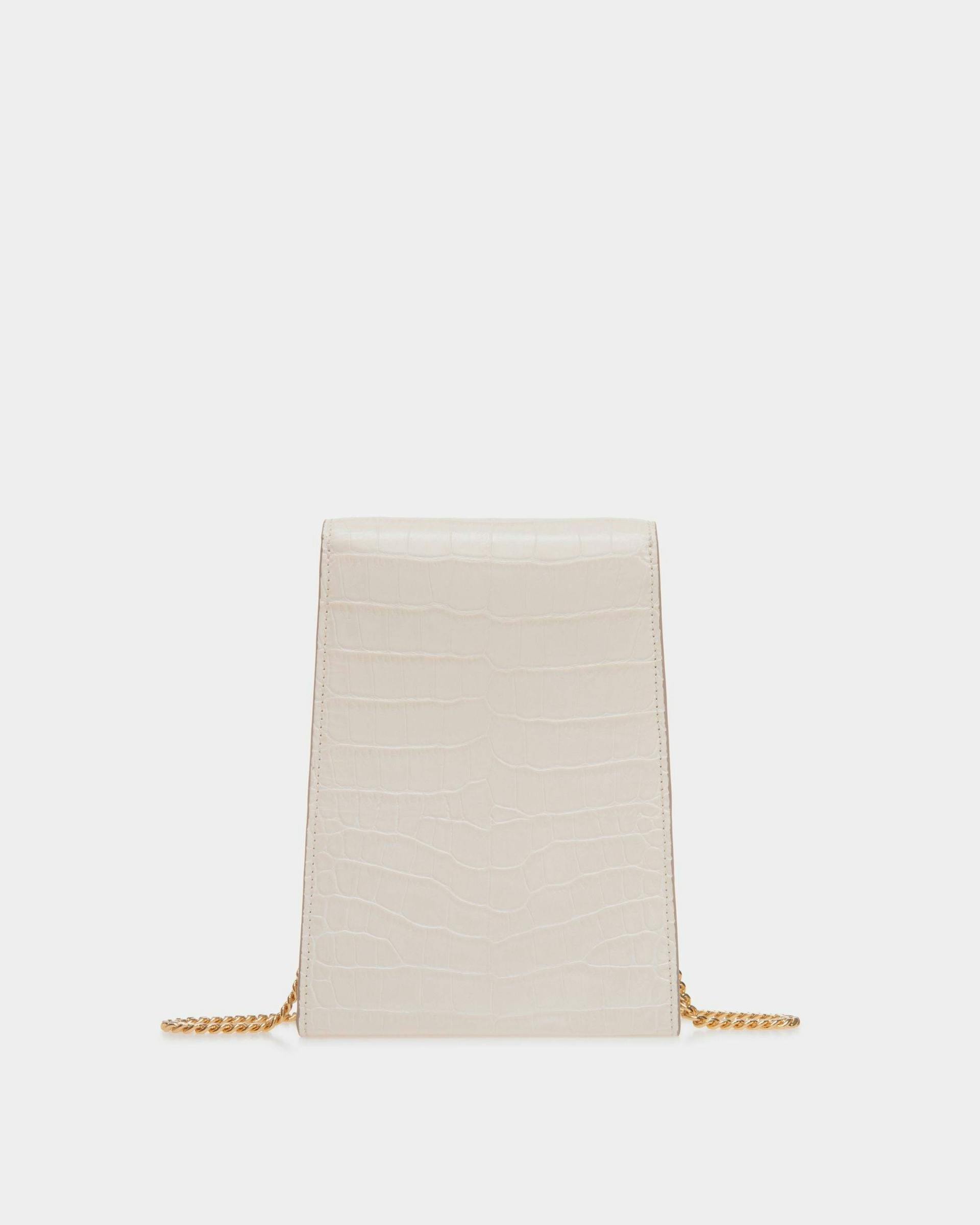 Women's Tilt Phone Bag in White Crocodile Print Leather | Bally | Still Life Back