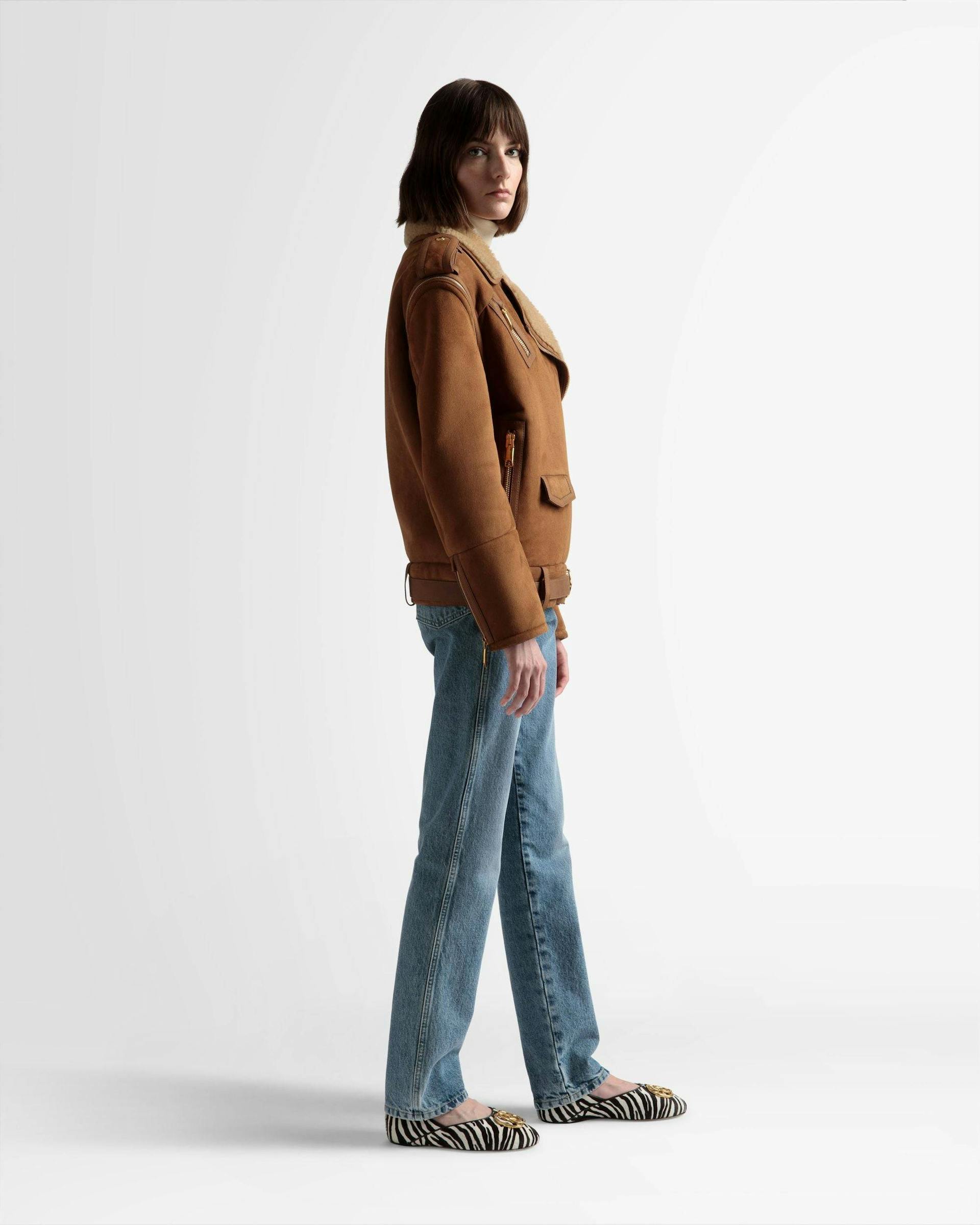 Double-Breasted Shearling Jacket In Brown Suede - Women's - Bally - 04