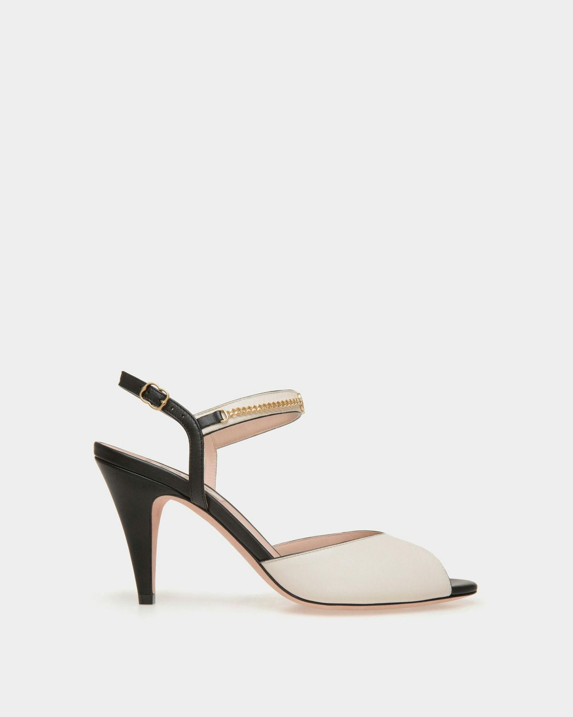 Women's Daily Emblem Heeled Sandal in Black and White Leather | Bally | Still Life Side