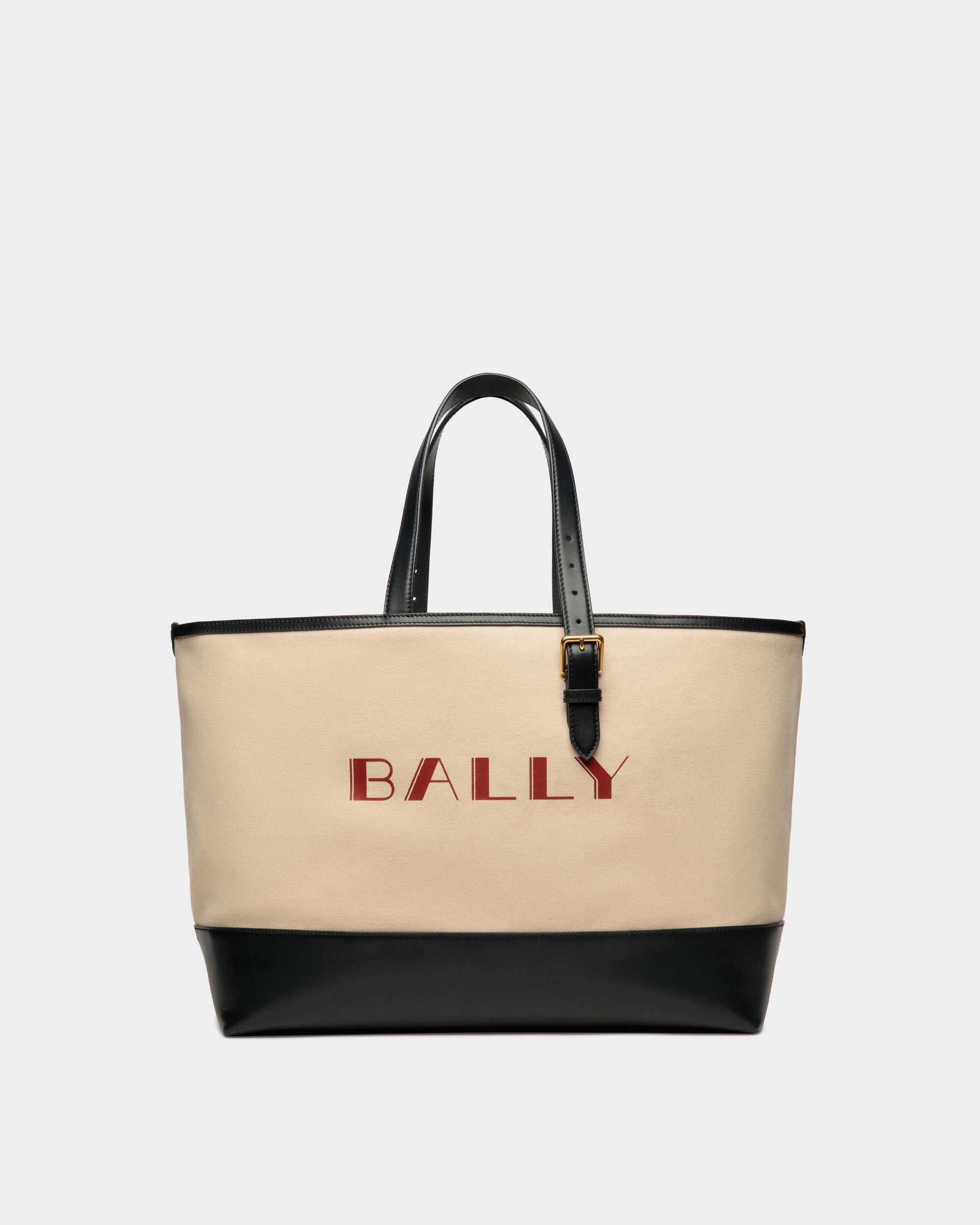 Summer Capsule Tote In Natural And Navy Blue Canvas And Leather - Men's - Bally - 01
