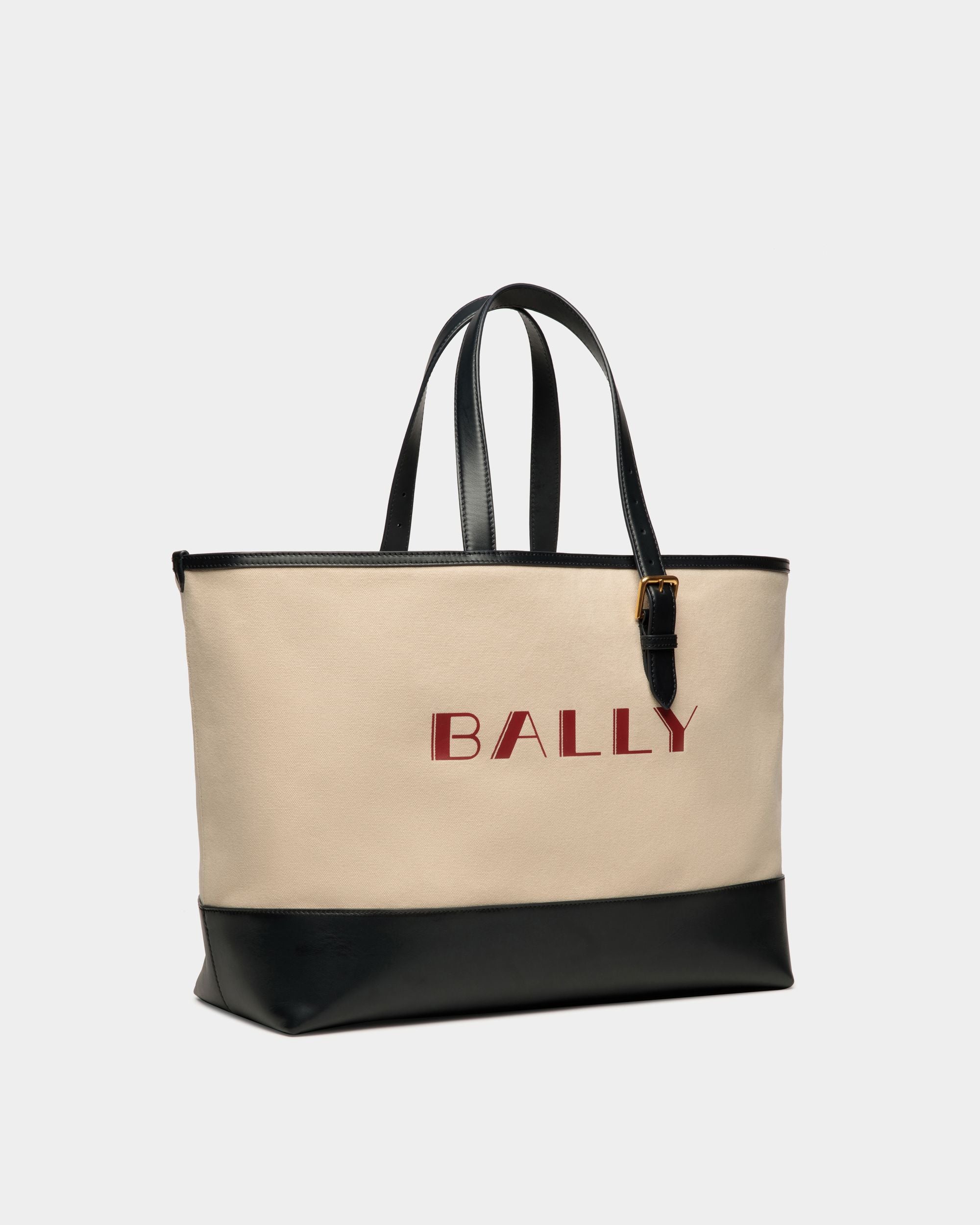 Summer Capsule Tote In Natural And Navy Blue Canvas And Leather - Men's - Bally - 03