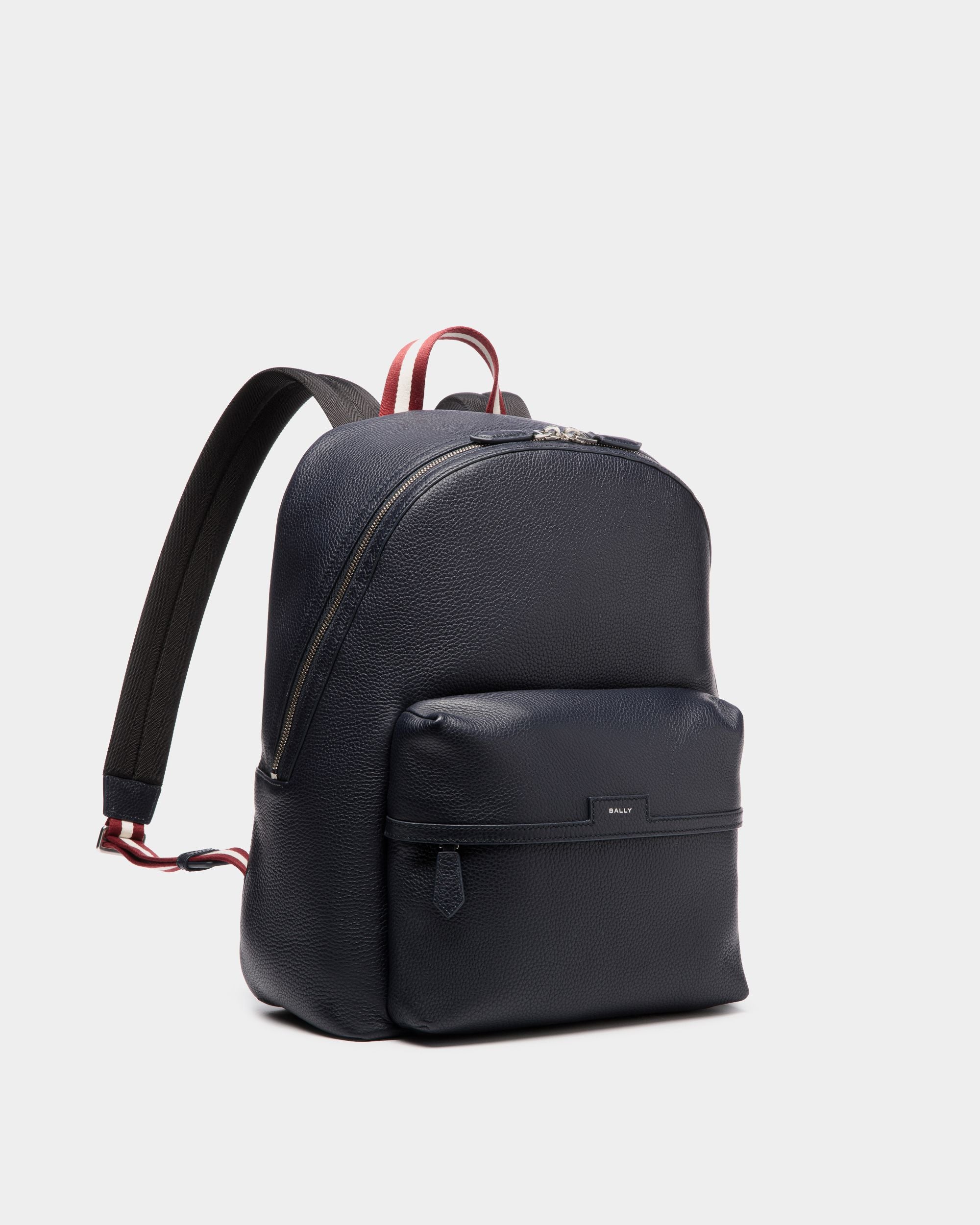 Code Backpack In Navy Blue Grained Leather - Men's - Bally - 03