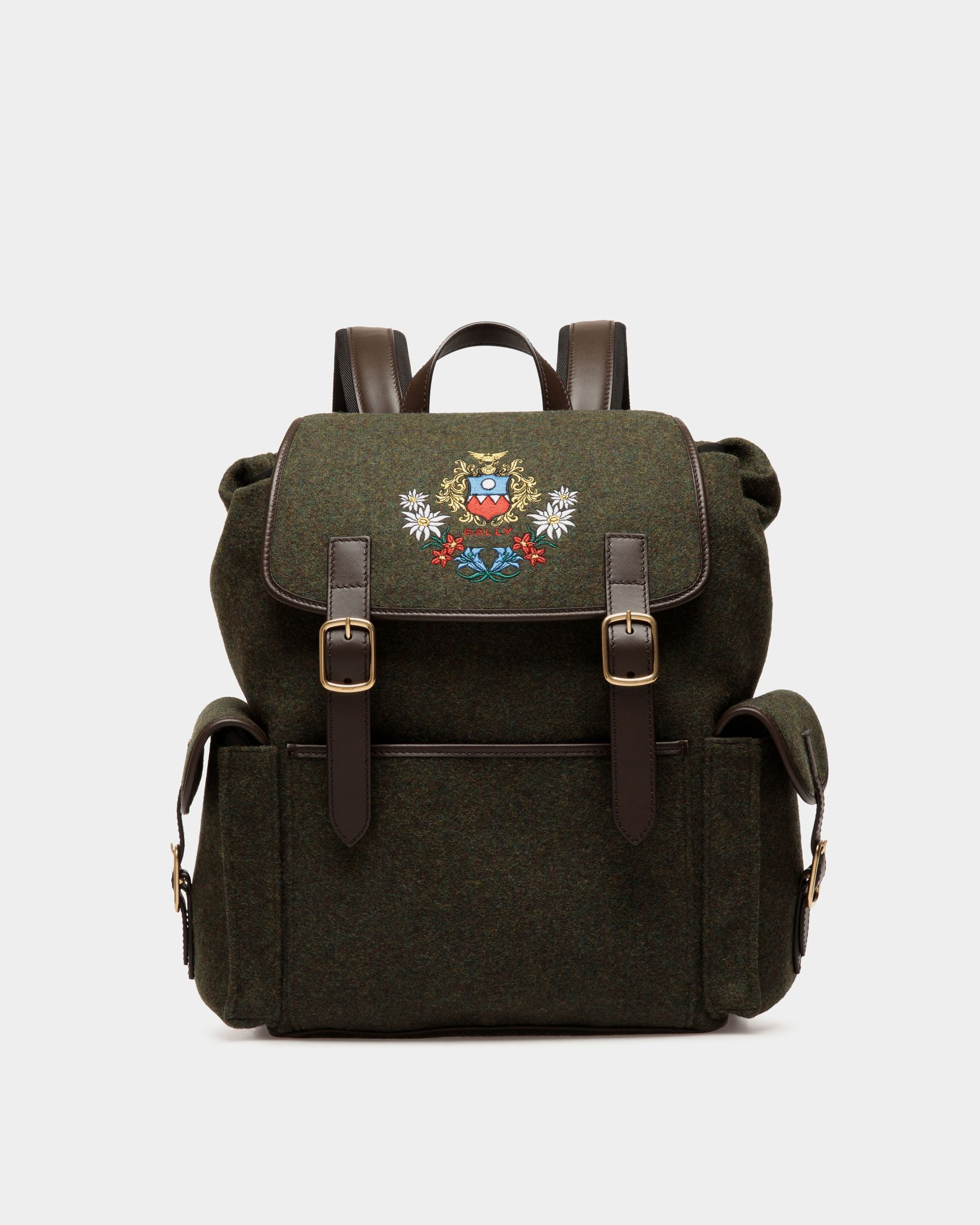Winter Capsule Backpack in Dark Green Wool and Ebano Leather With Alpine Flowers - Men's - Bally - 01