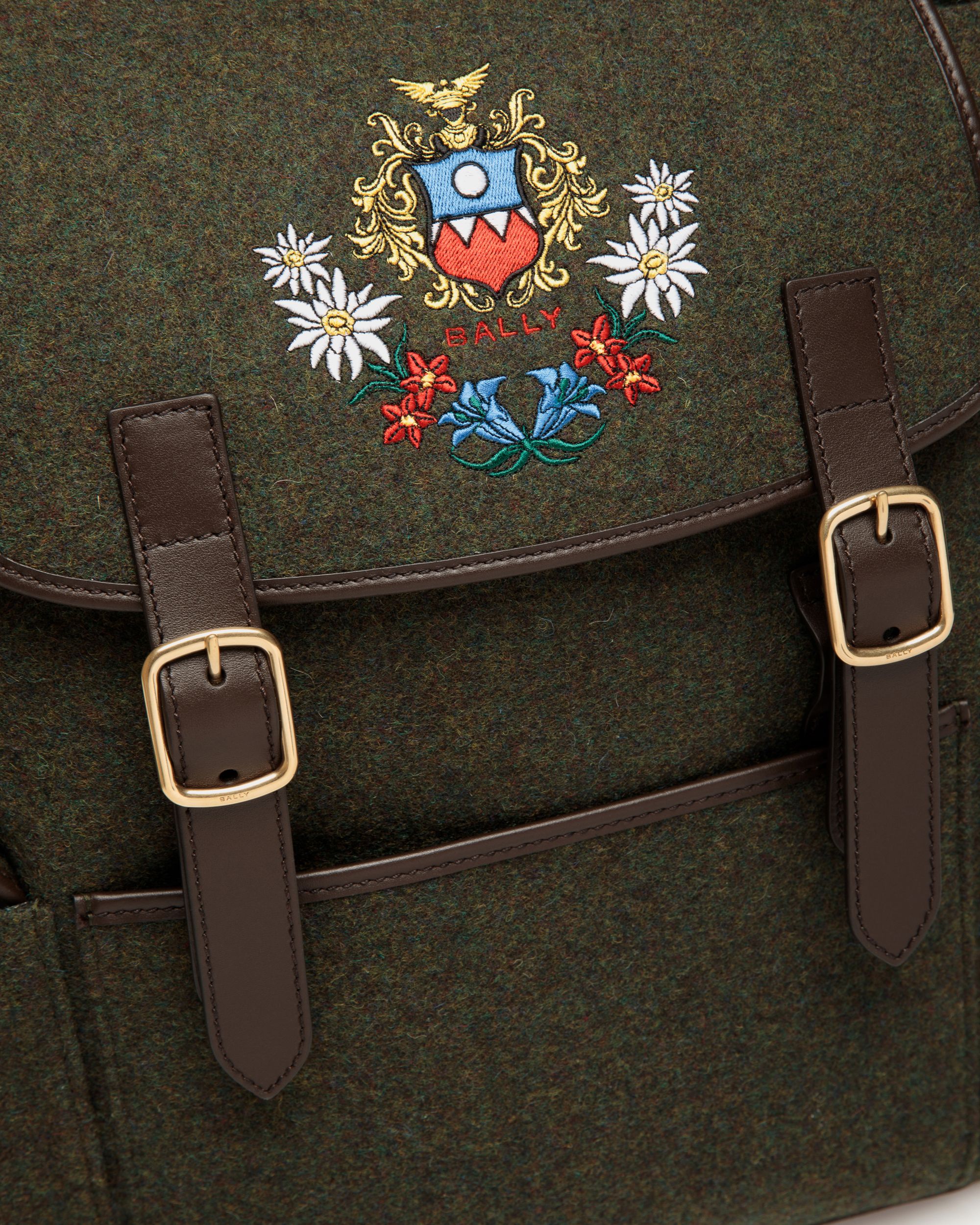 Winter Capsule Backpack in Dark Green Wool and Ebano Leather With Alpine Flowers - Men's - Bally - 05
