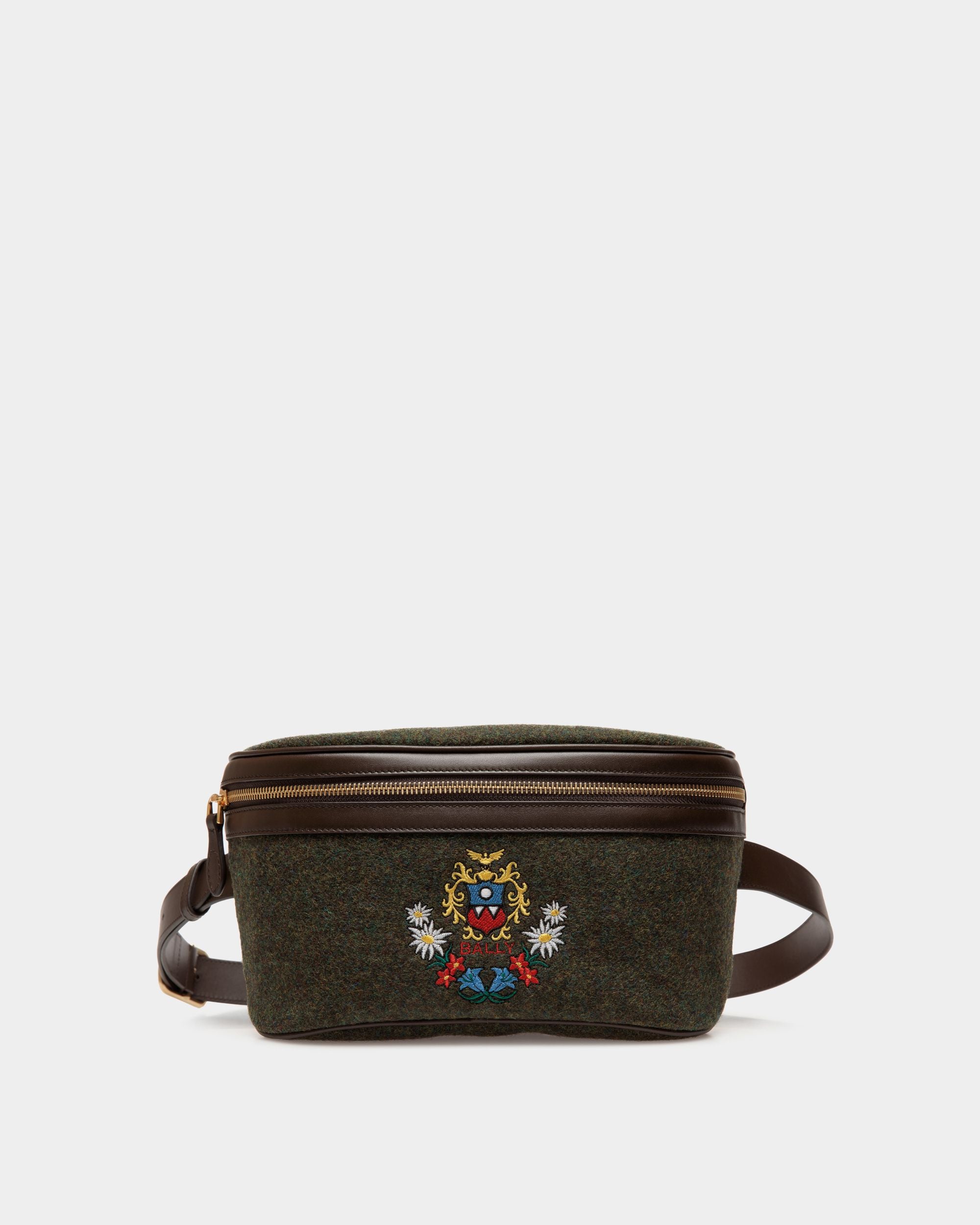 Winter Capsule Belt Bag in Dark Green Wool and Ebano Leather With Alpine Flowers - Men's - Bally - 01