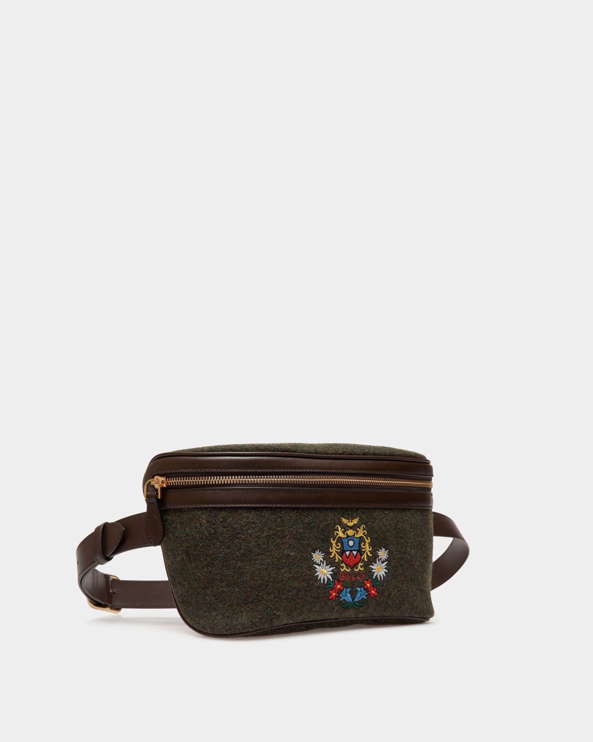 Winter Capsule Belt Bag in Dark Green Wool and Ebano Leather With Alpine Flowers - Men's - Bally - 03