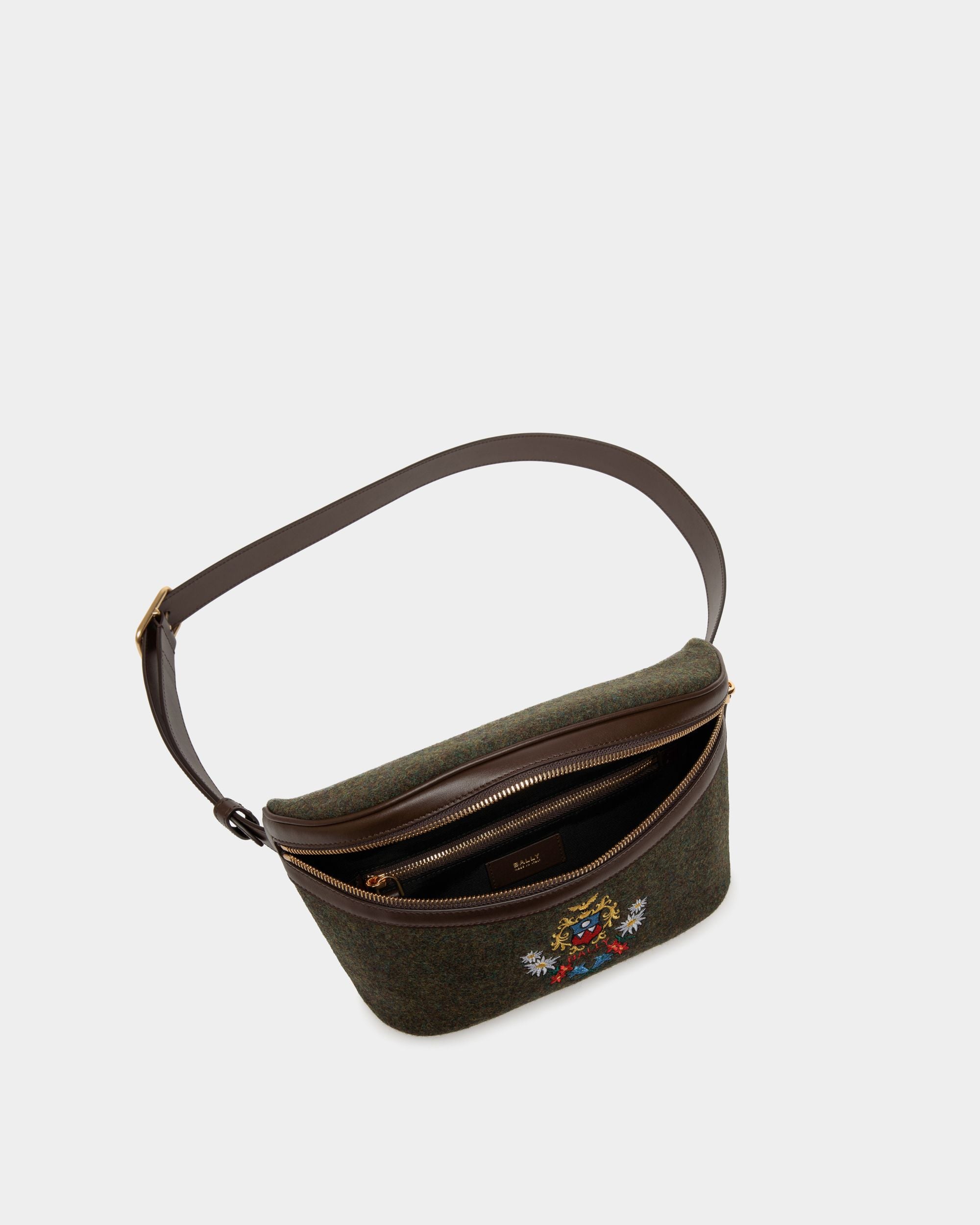Winter Capsule Belt Bag in Dark Green Wool and Ebano Leather With Alpine Flowers - Men's - Bally - 04