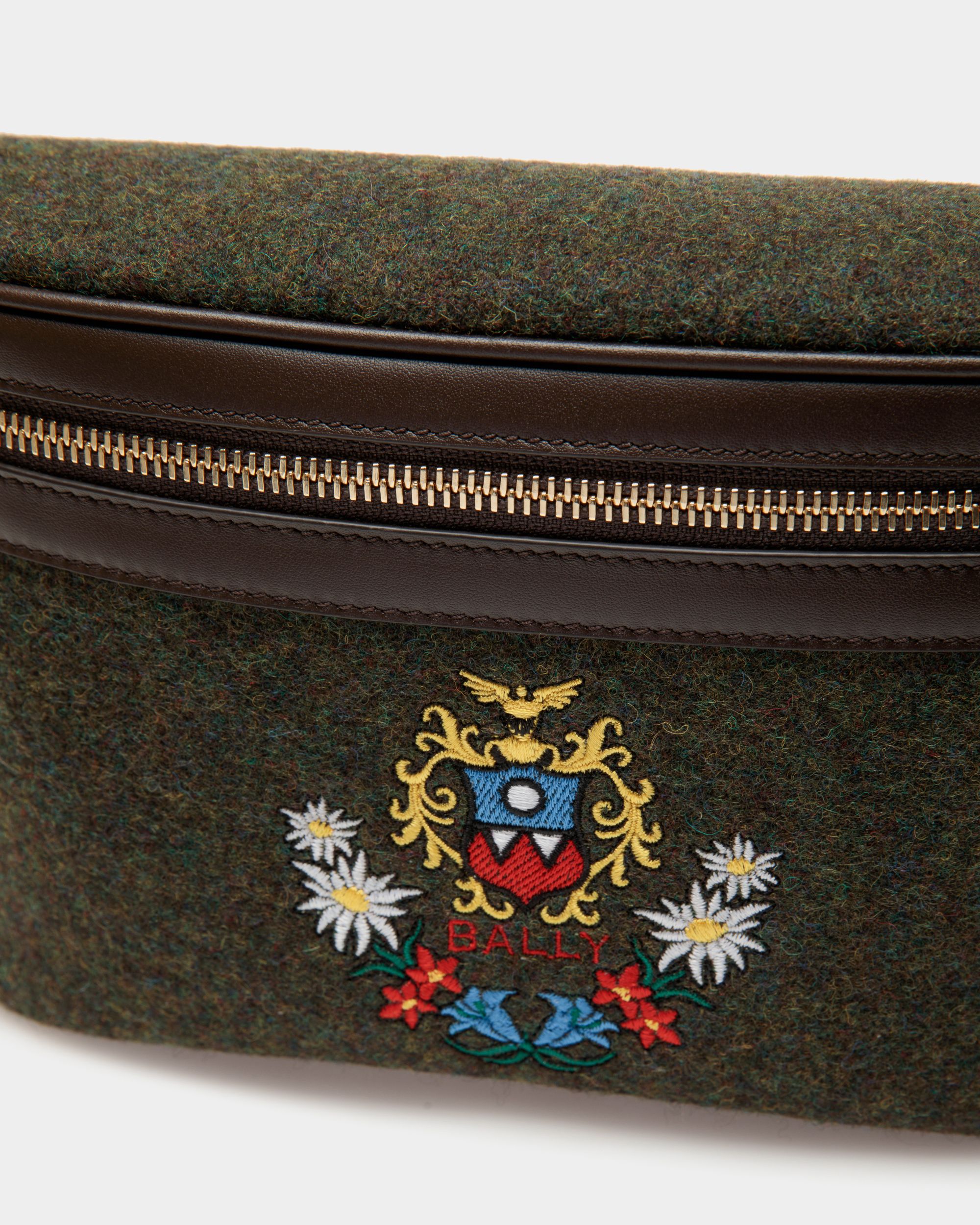 Winter Capsule Belt Bag in Dark Green Wool and Ebano Leather With Alpine Flowers - Men's - Bally - 05