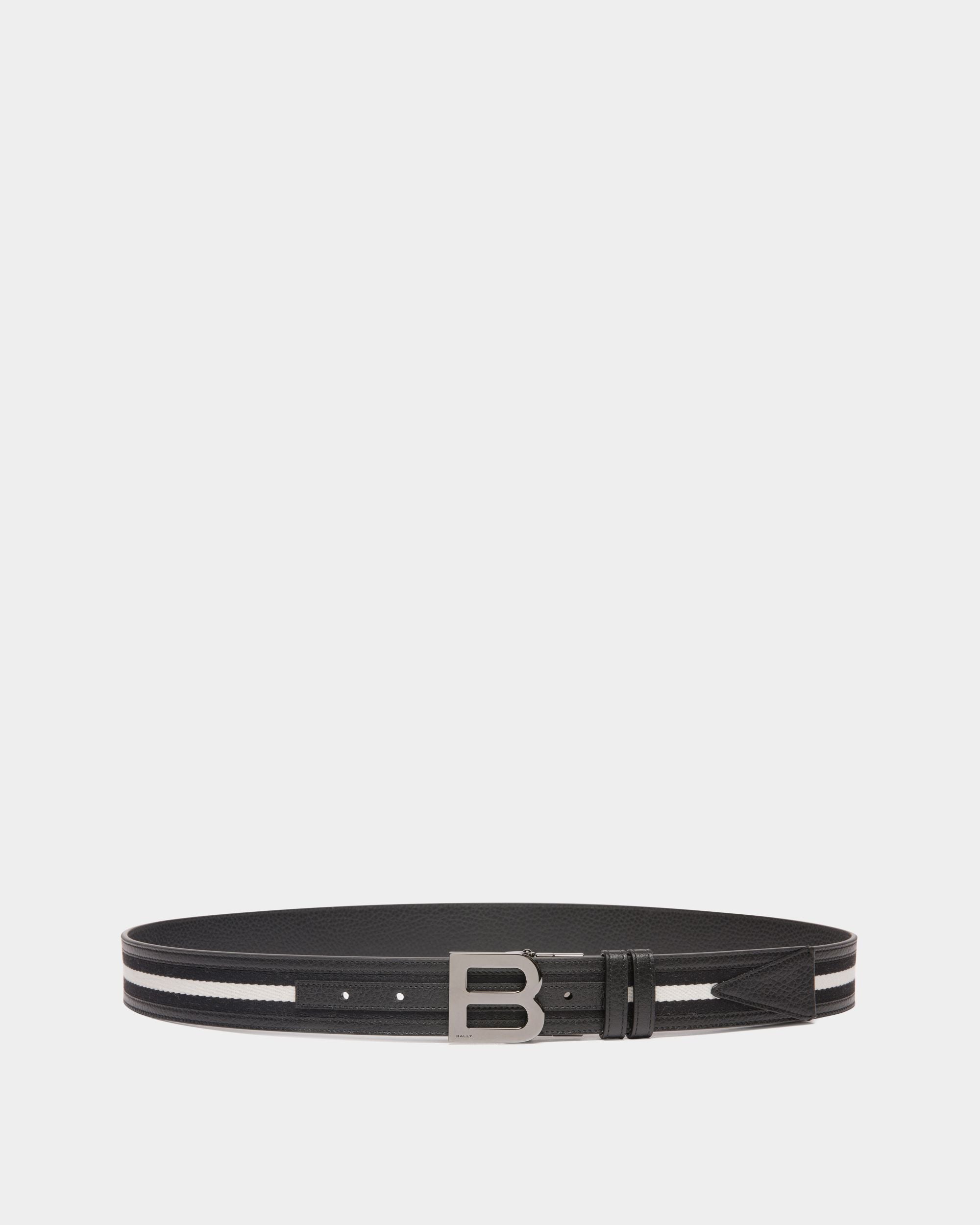 B Logo 35mm Reversible Belt in Black and White Fabric And Leather - Men's - Bally - 01