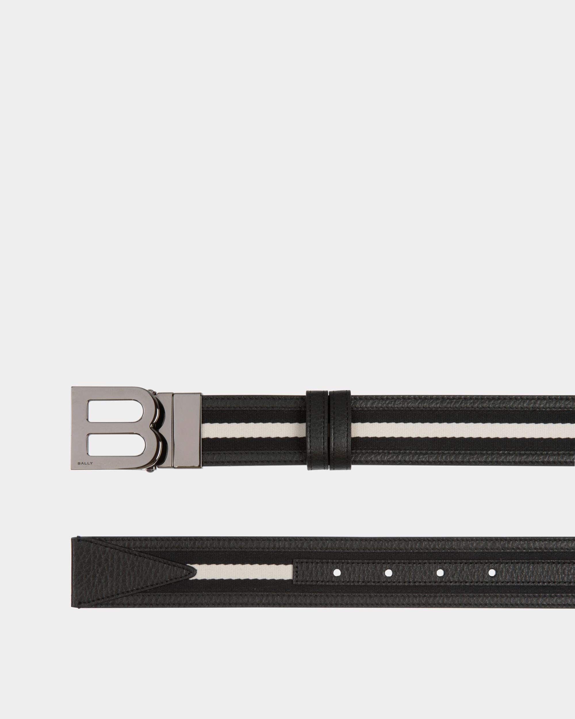 B Logo 35mm Reversible Belt in Black and White Fabric And Leather - Men's - Bally - 02