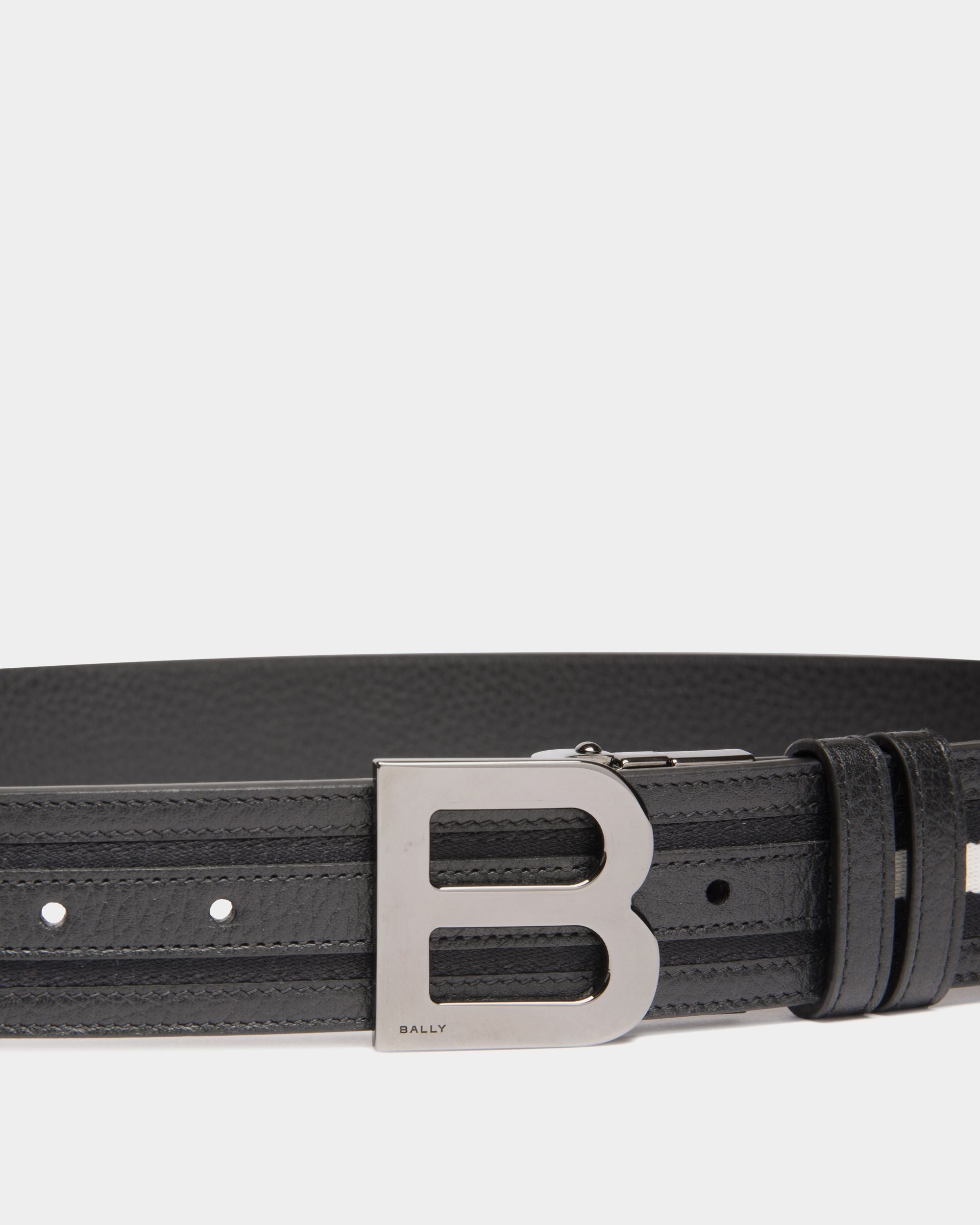 B Logo 35mm Reversible Belt in Black and White Fabric And Leather - Men's - Bally - 04