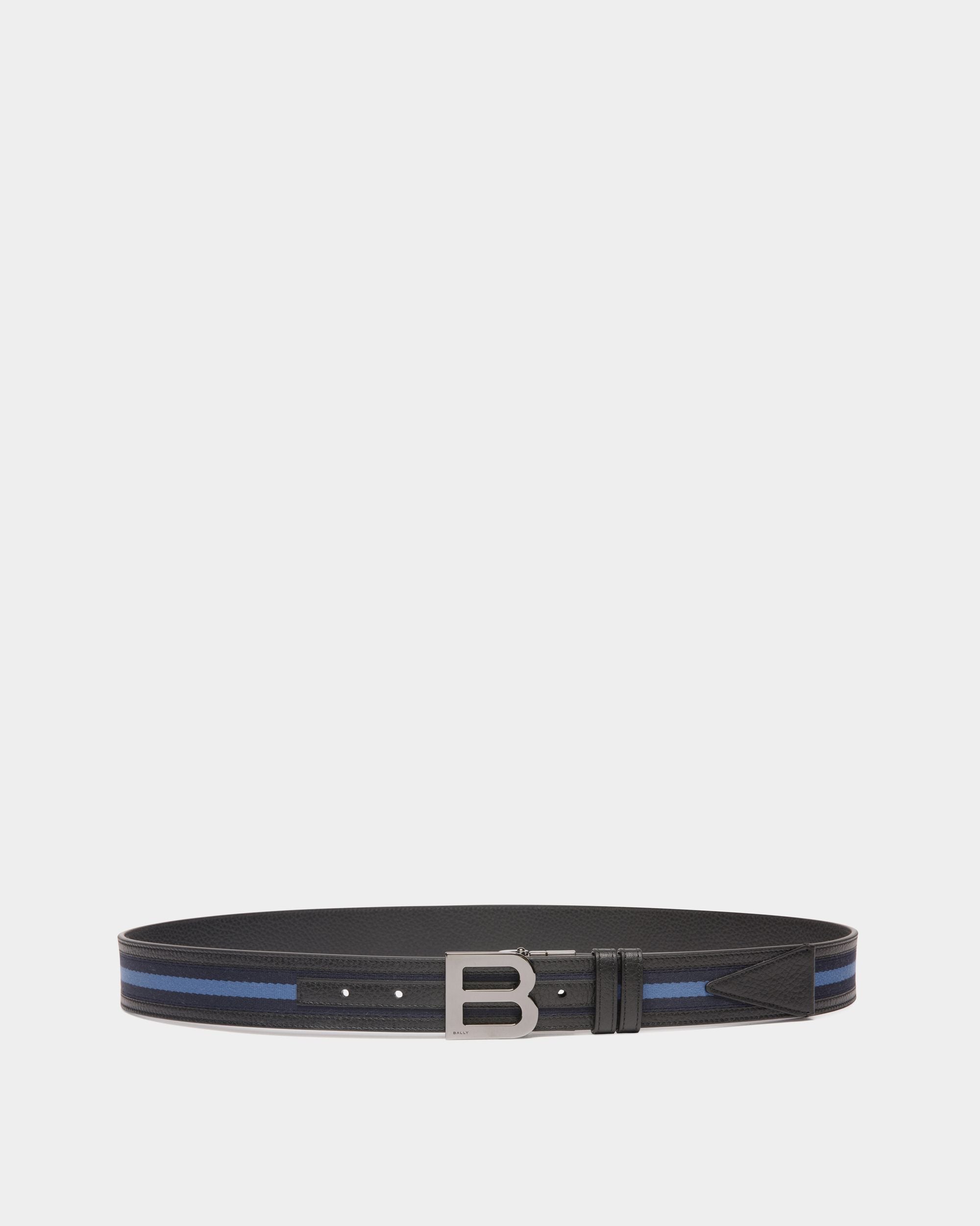 B Logo 35mm Reversible Belt in Navy Blue and Light Blue Fabric And Leather - Men's - Bally - 01