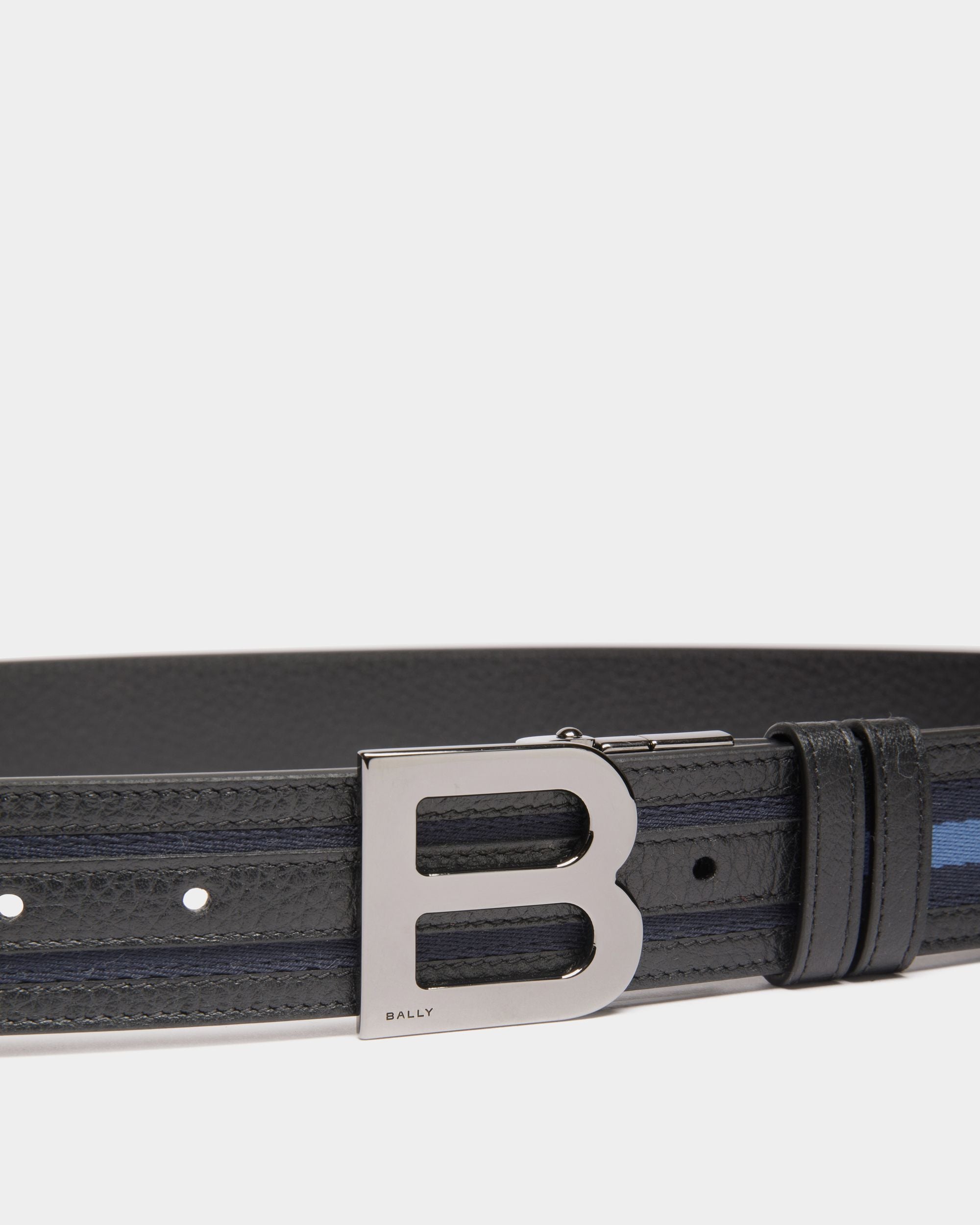 B Logo 35mm Reversible Belt in Navy Blue and Light Blue Fabric And Leather - Men's - Bally - 03