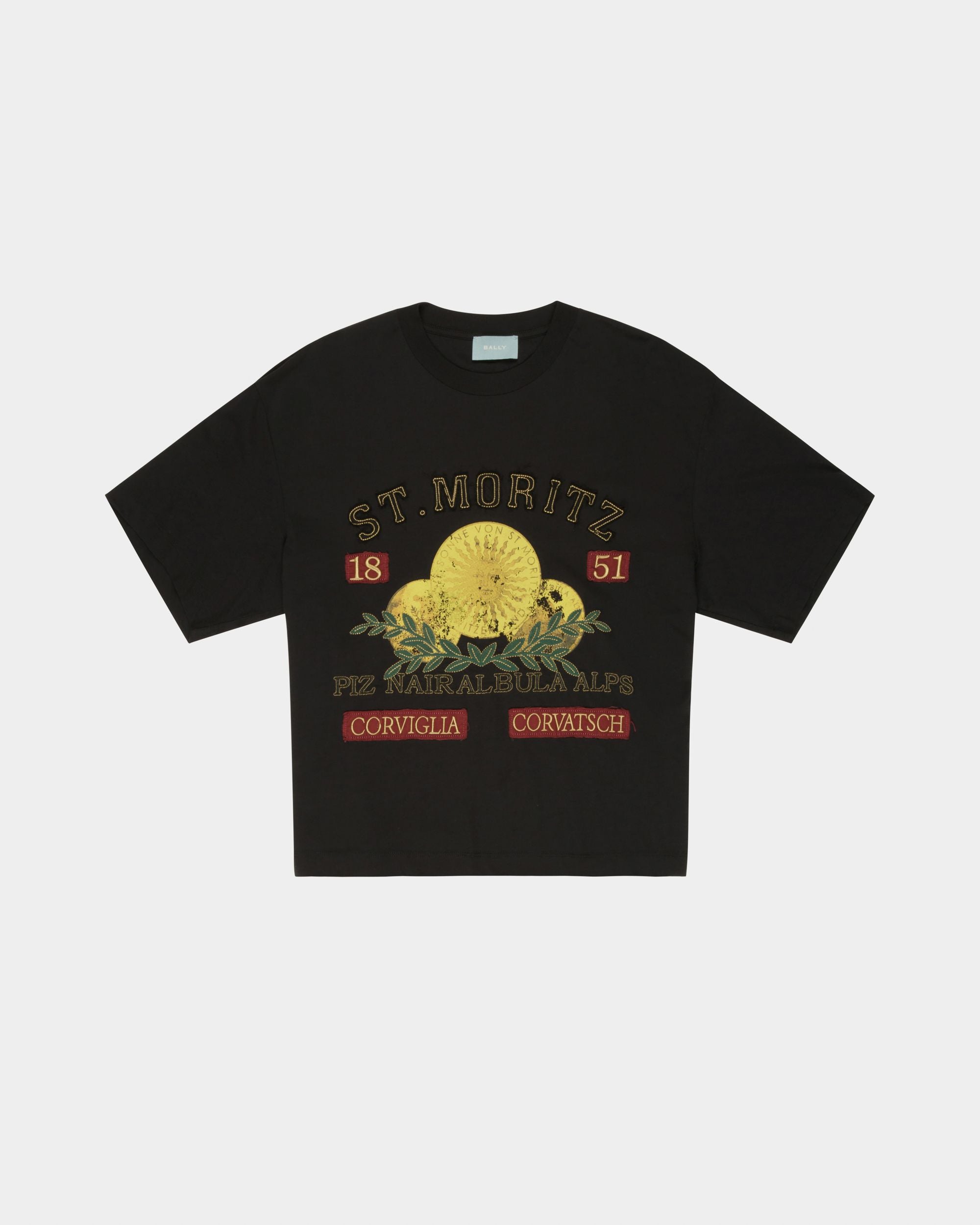 Curling Collection T-shirt in Black Cotton with a St. Moritz Print - Men's - Bally - 01