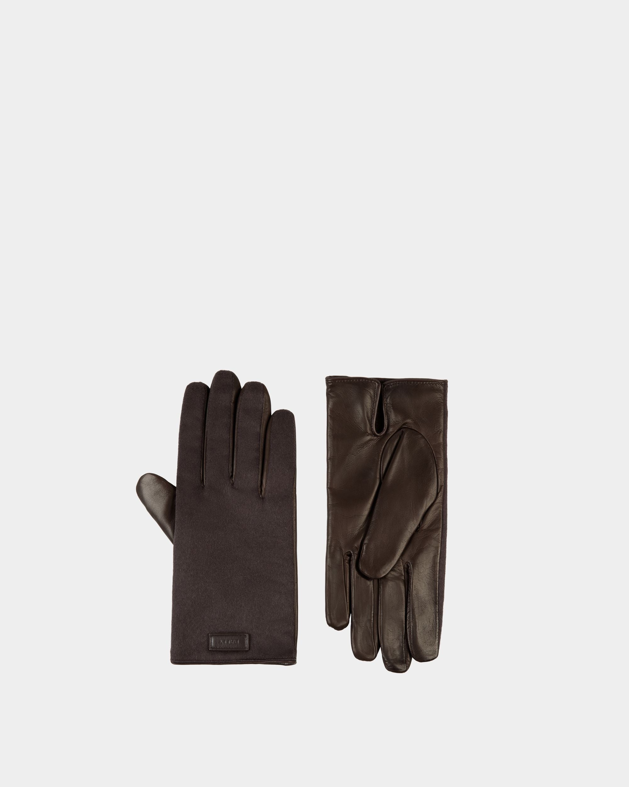 Gloves With Logo In Ebano Cashmere And Leather - Men's - Bally - 01