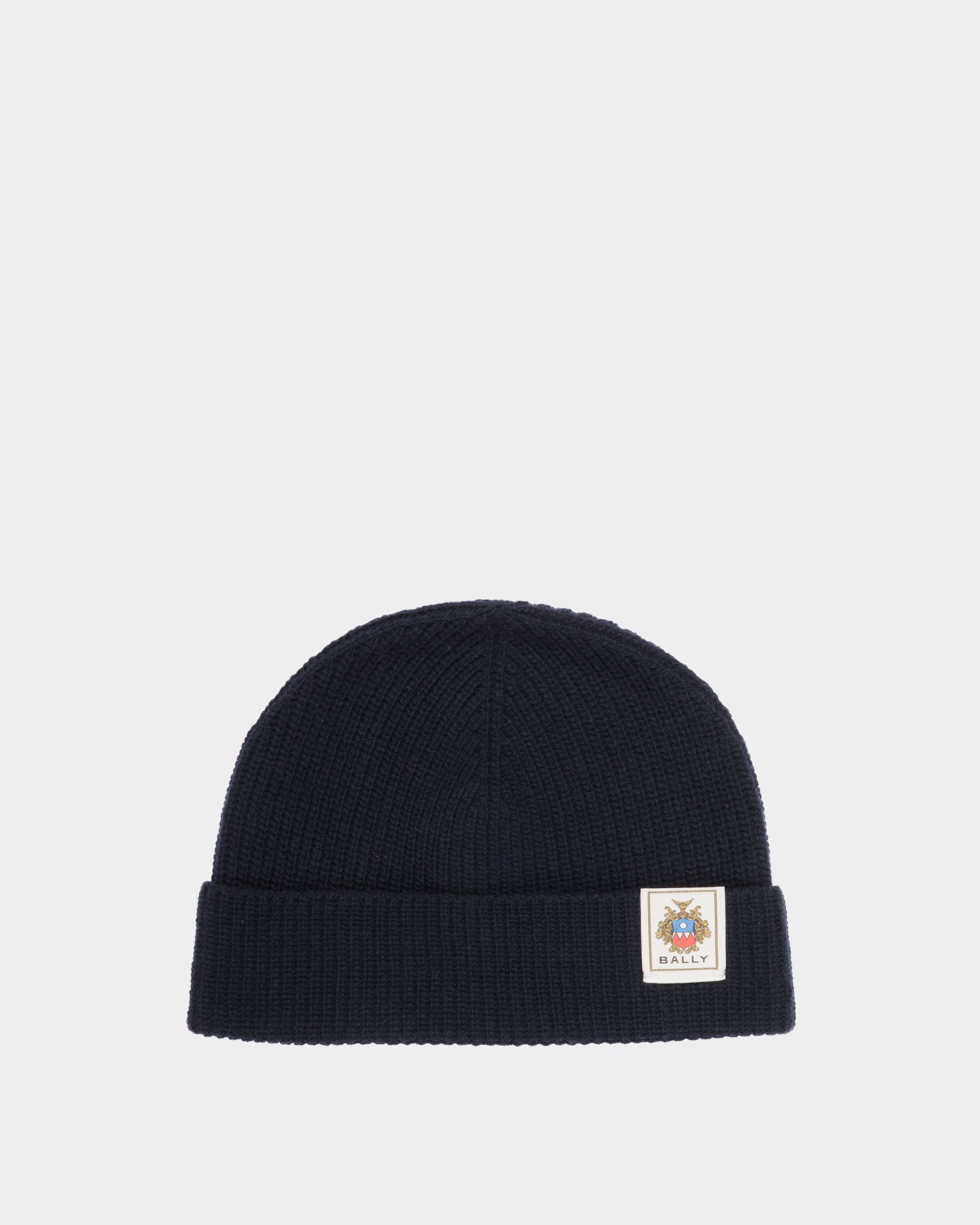 Beanie With Bally Crest Logo In Navy Blue Wool - Men's - Bally - 01