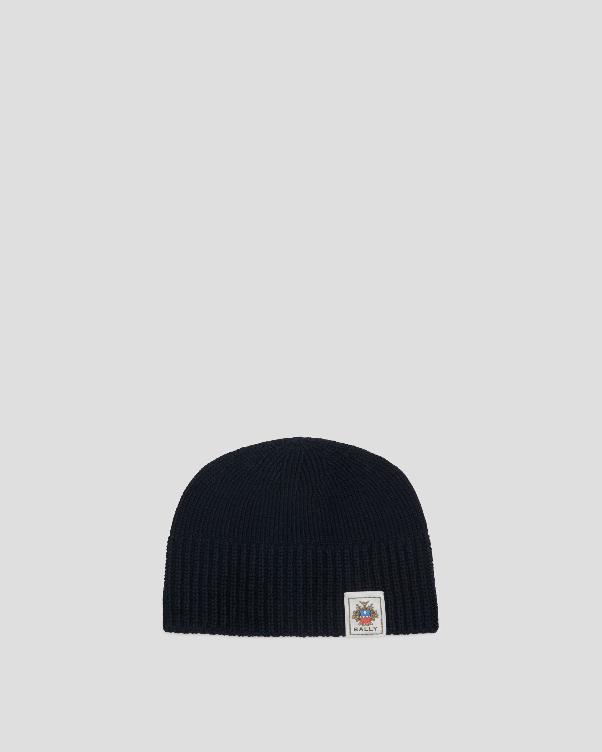 Beanie With Bally Crest in Navy Blue Cotton - Men's - Bally - 01